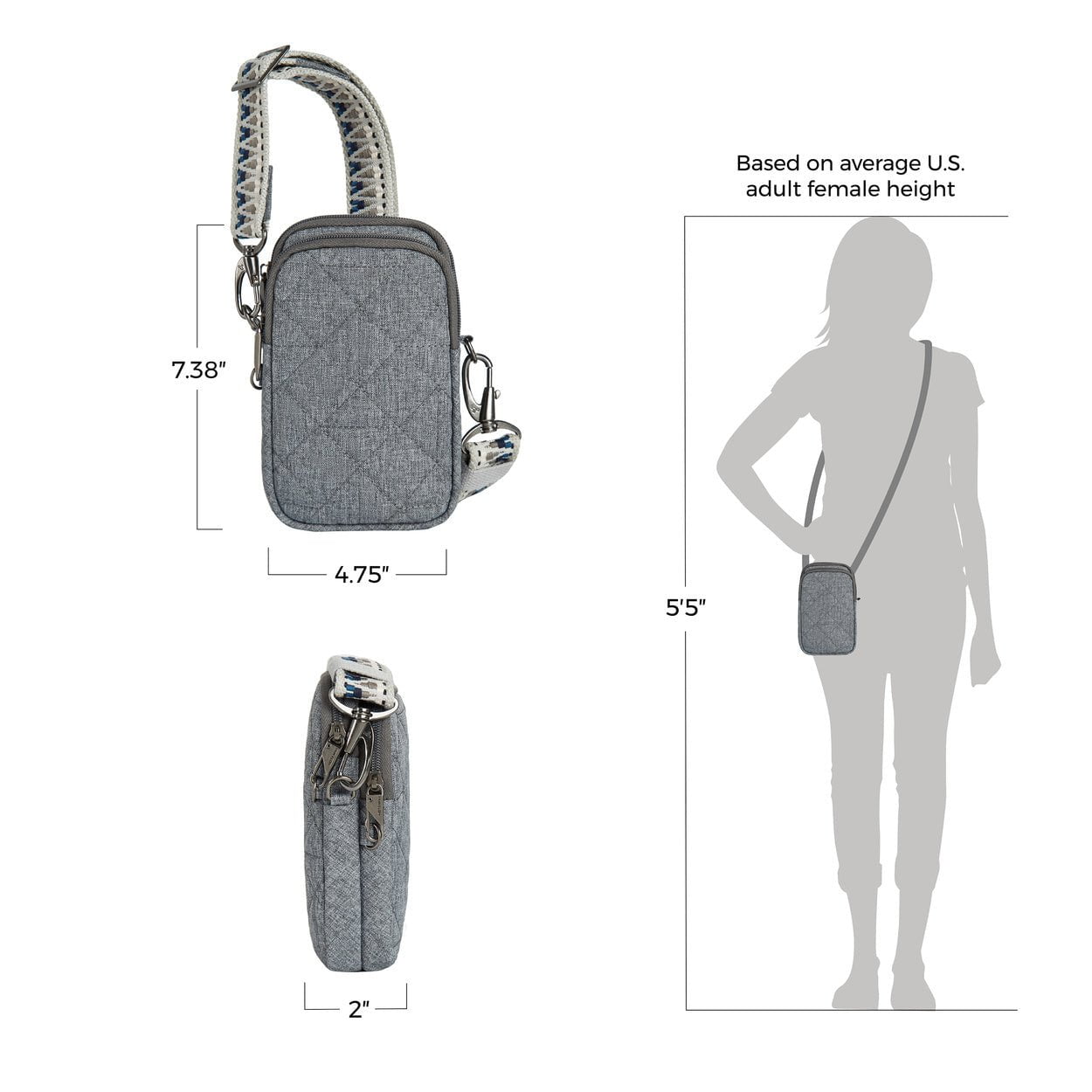Travelon Anti-Theft Boho Crossbody Bag with 2 Compartments - Geo Gray Heather - Secure & Stylish Phone Purse for Travel, Commuting & Daily Use