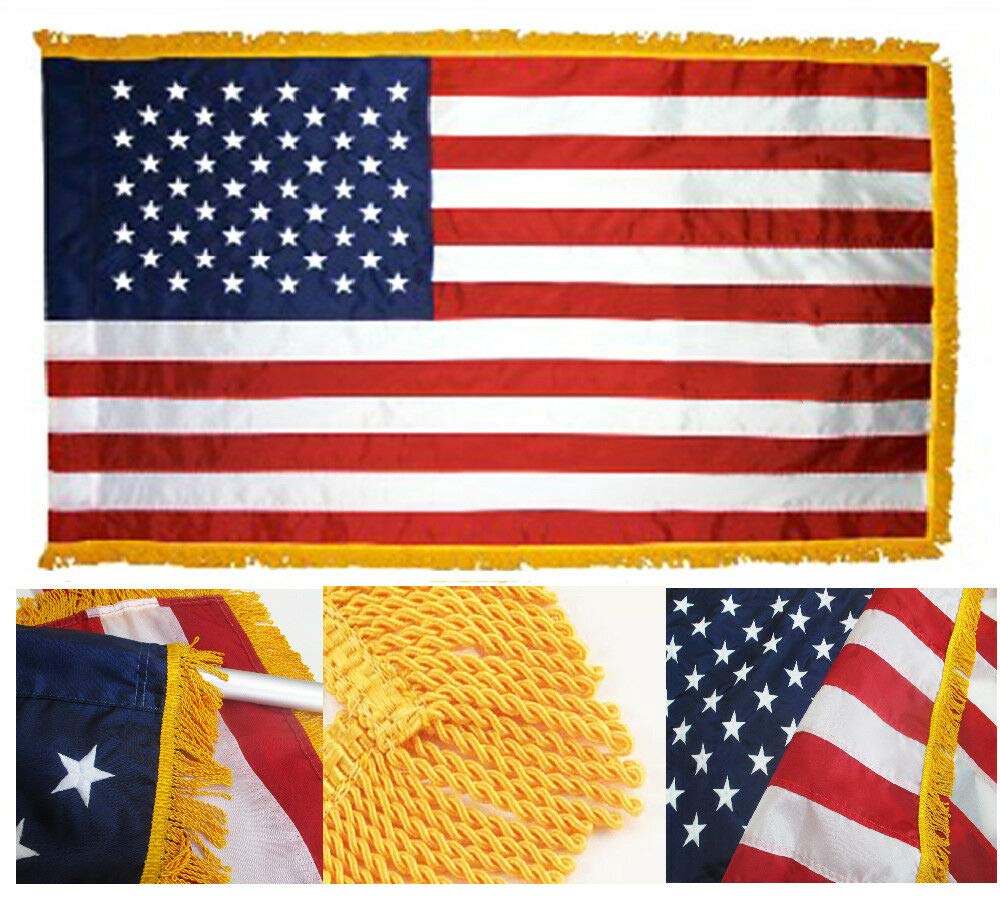 Premium 3x5 Feet Embroidered American Flag with Pole Sleeve & Gold Fringe - USA Patriotic Decor for Indoor/Outdoor, Parades, Schools & Home Decor | PIÑATAS OLE Flags Banners Signs