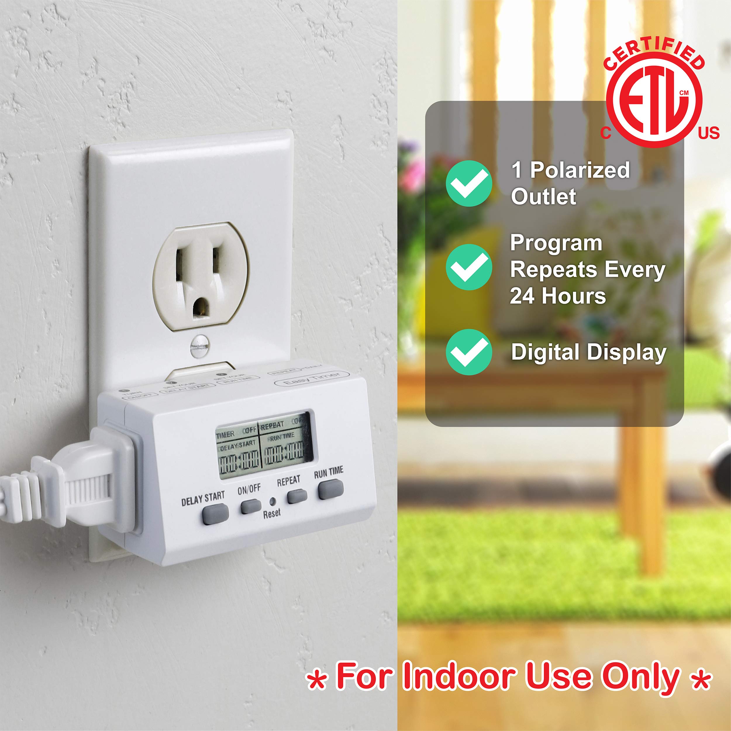 Dual Pack Clear Power Indoor Timer with Polarized Outlet - EZ Digital Timer for Lamps, Fans & Grow Lights (White, Polarized Plug, 2-Pack DCIT-0010-DC) - Perfect for Home Automation, Energy Savings & Plant Growth