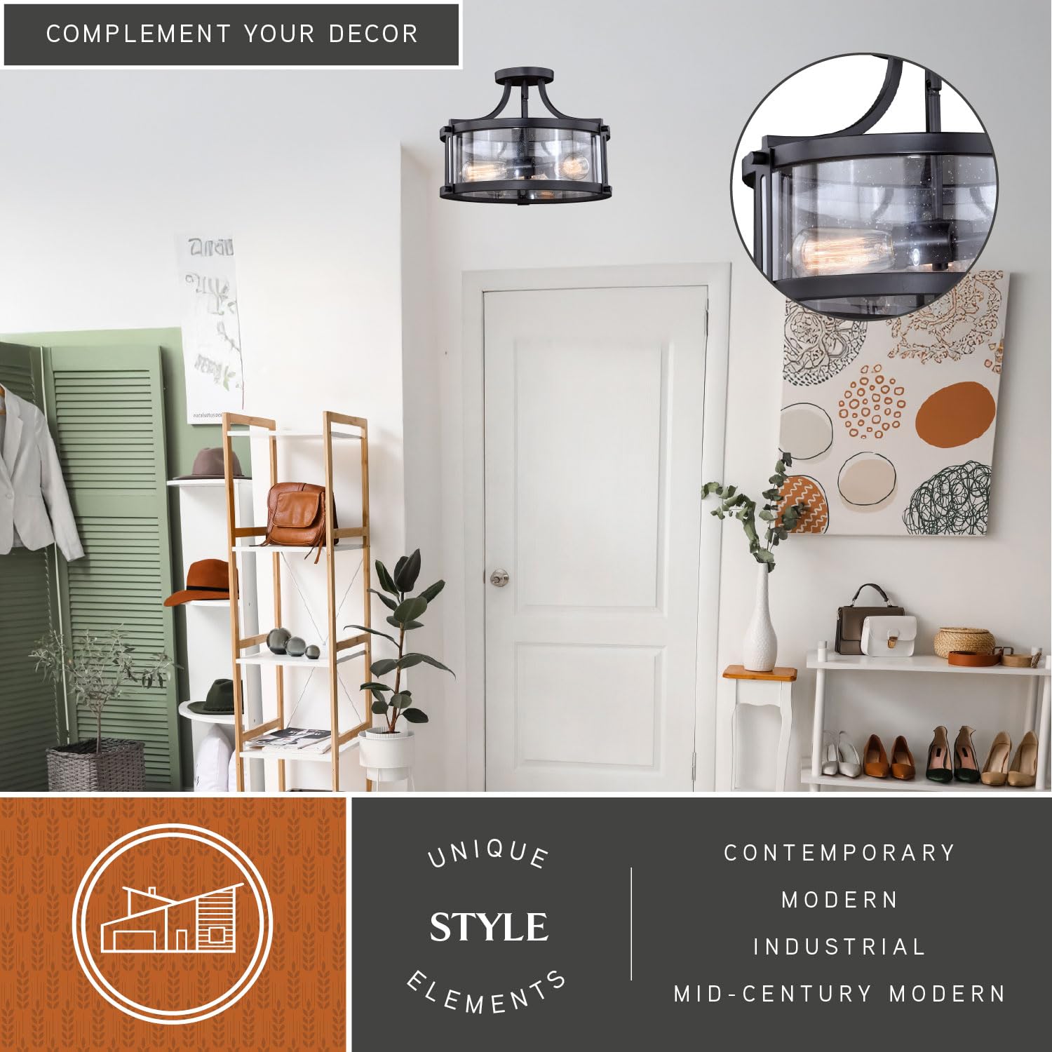 VAXCEL Holbrook 15.75-inch Wide Bronze Semi Flush Mount Ceiling Light Fixture with Clear Glass Shade - Perfect for Bedroom, Living Room, and Hallway Lighting