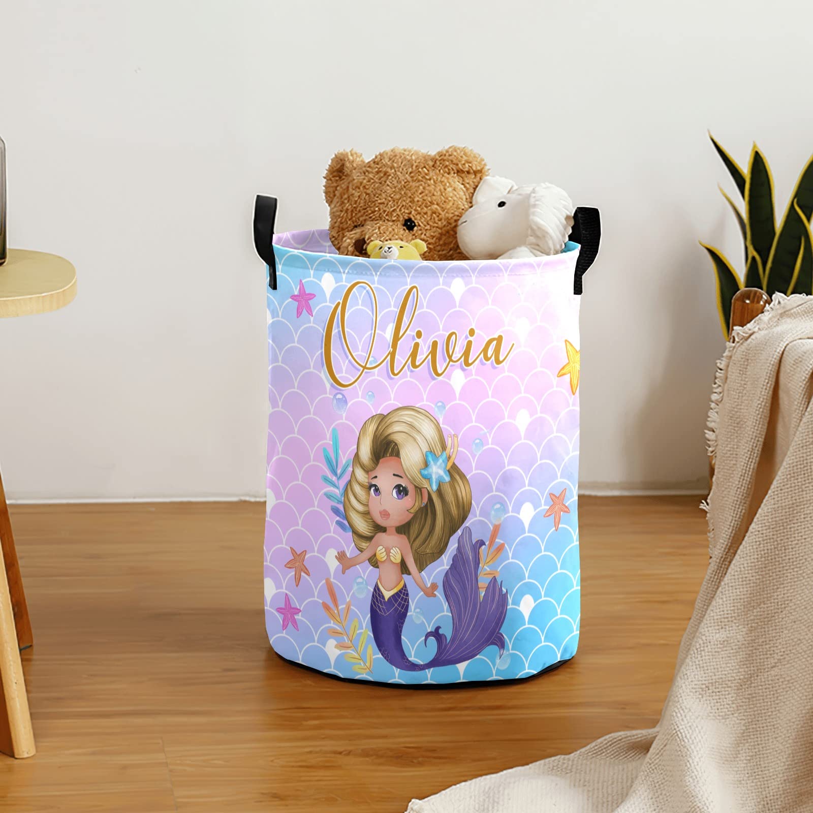 **Personalized Mermaid Laundry Basket for Girls - Custom Name Kids Laundry Hamper (Style 07) - Perfect for Nursery, Bedroom & Playroom Organization**