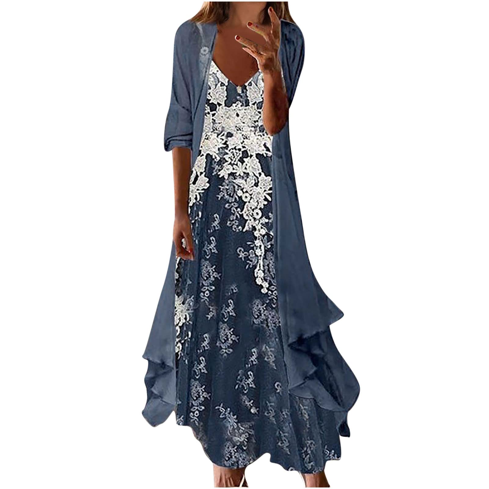 Women's Floral Print Two Piece Maxi Dress Set - Summer Long Flowy Dress with Irregular Hem for Wedding Guest, Beach Party & Vacation Outfit