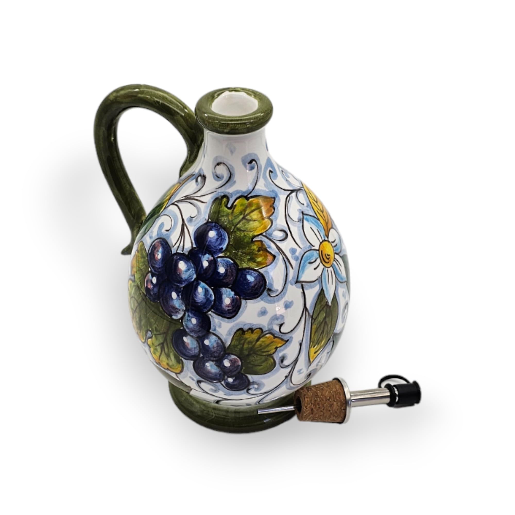 Italian Ceramic Olive Oil Dispenser Bottle XL Size 14oz - Hand Painted Tuscan Fruit Design Oil Cruet - Authentic Italian Pottery from Tuscany - Perfect for Kitchen, Dining Table & Gourmet Cooking Gifts
