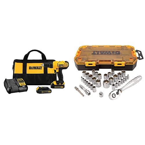 DEWALT DCD771C2 20V MAX Cordless Lithium-Ion 1/2 Inch Compact Drill Driver Kit with 34-Piece Socket Set (1/4