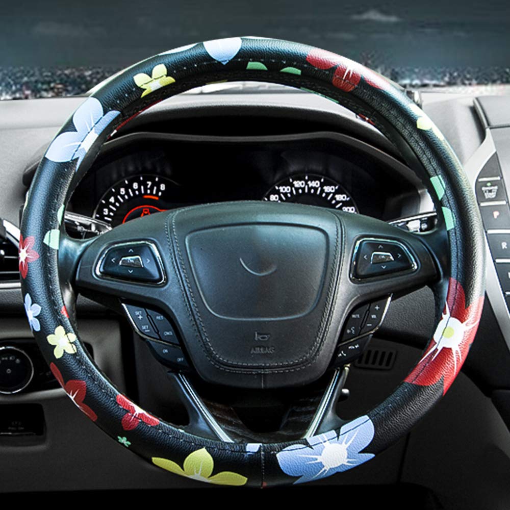 Dotesy Leather Floral Steering Wheel Cover - Universal Fit 36-38cm, Anti-Slip Car Interior Accessory for Women (Black Red) | Fashionable Protection & Decor for Daily Commute, Road Trips & Gift Giving