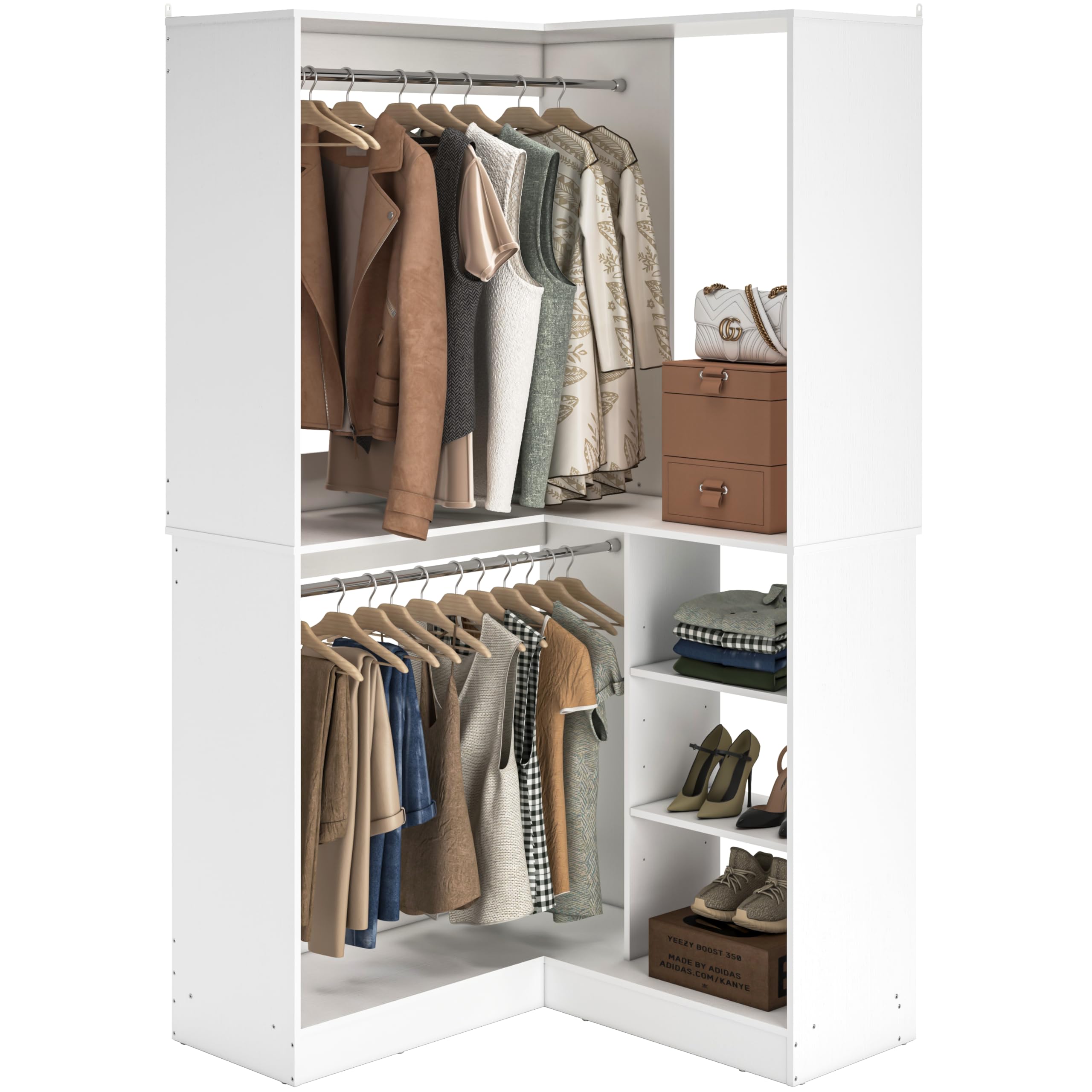 Unikito 36 Inch Freestanding Closet Organizer System - Large Corner Closet Tower with 2 Hanging Rods & Storage Shelves, Walk-in Closet Storage Solution (36