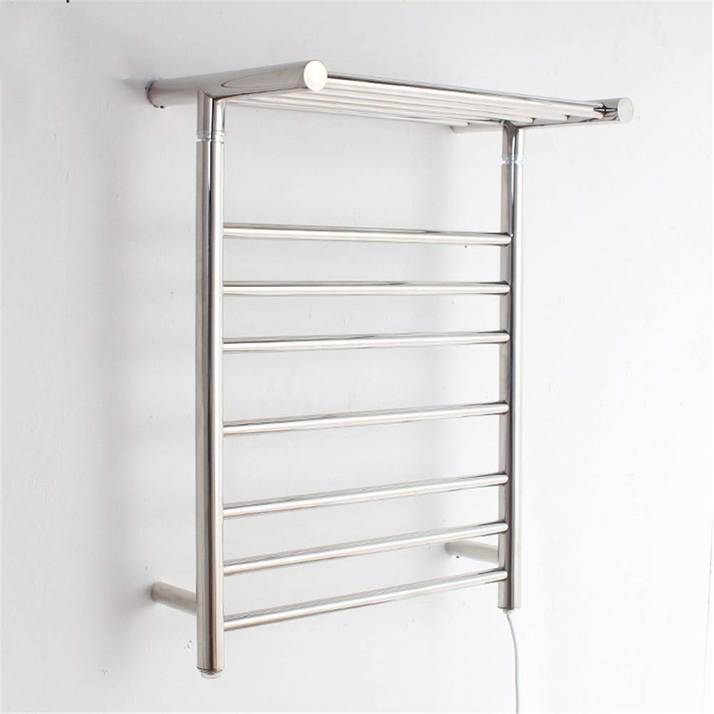 XSGDMN 7-Bar Stainless Steel Electric Heated Towel Rack Warmer - Wall Mounted Bathroom Towel Warmer with Shelf, Hardwired & Plug-in Options (PLUGINA) | Perfect for Bathrooms, Spas & Luxury Home Decor