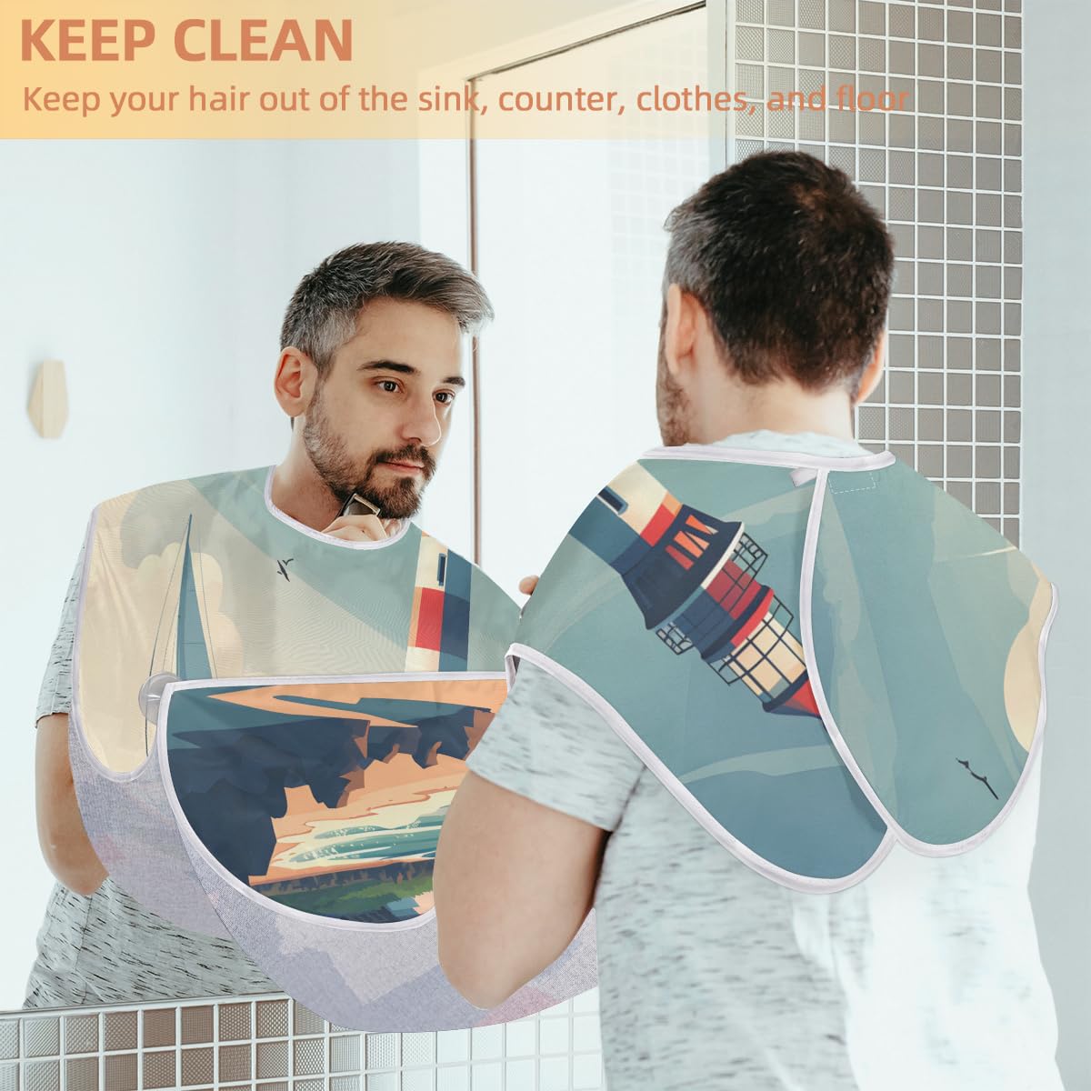 **Cartoon Boat Lighthouse Beard Shaving Bib for Men - Waterproof Hair Dye Apron & Makeup Cape for Women - Sink Hair Catcher for Beard Trimming & Haircut - Perfect Gift for Barbers & Stylists (Great for Home & Salon Use)**