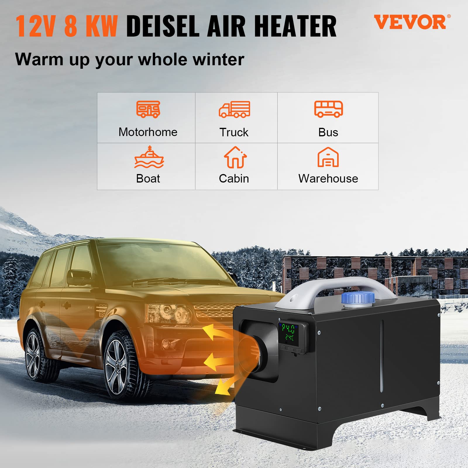 VEVOR 8KW Diesel Air Heater - 12V All-in-One Truck Heater with LCD Display & Remote Control - Fast Heating for RV, Boat, Bus, Trailer, Motorhome - Perfect for Winter Camping & Off-Grid Living