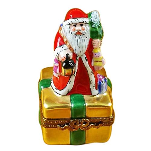 Authentic Limoges Porcelain Santa on Box with Gifts & Lantern Figurine - Handcrafted in France - Perfect for Christmas Decor, Collectibles & Holiday Gift Giving