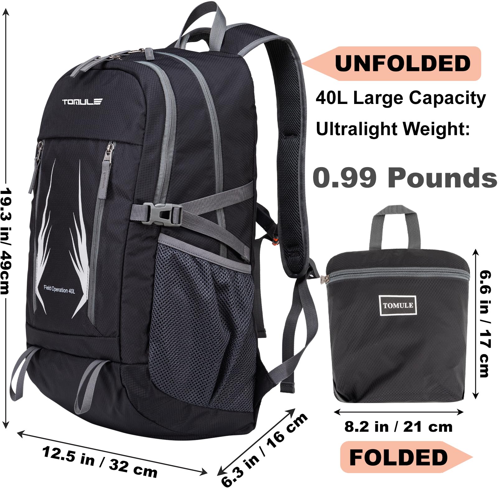 **TOMULE 40L Waterproof Day Hiking Backpack for Women - Lightweight Travel Backpack with Adjustable Straps, Perfect for Outdoor Adventures, Camping & Daily Commute**