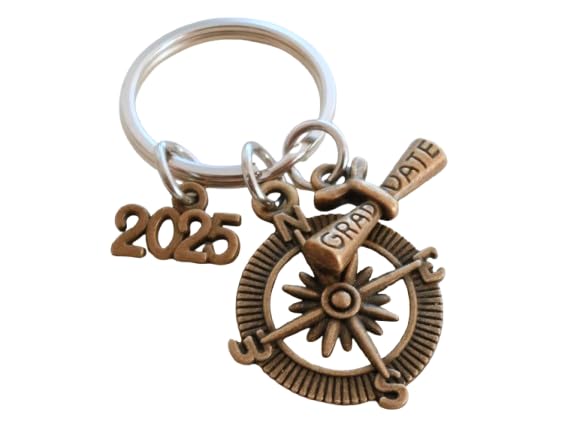 2025 Graduation Bronze Compass Charm Keychain - Personalized Class of 2025 Graduate Gift with Engraved Charm - Perfect for High School & College Graduation Parties, Commencement Ceremonies & Graduation Gift Giving