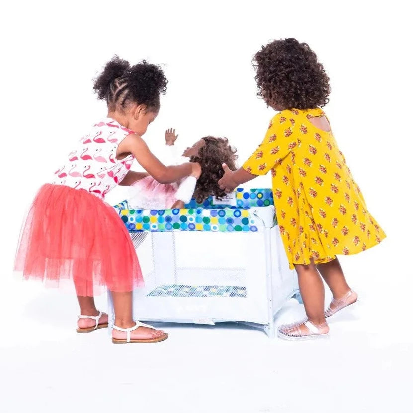 Toy Room² Playard Baby Doll Playpen with Storage - Blue Dot Design for Toddlers & Kids | Perfect for Indoor Playtime, Nursery Organization & Pretend Play Activities