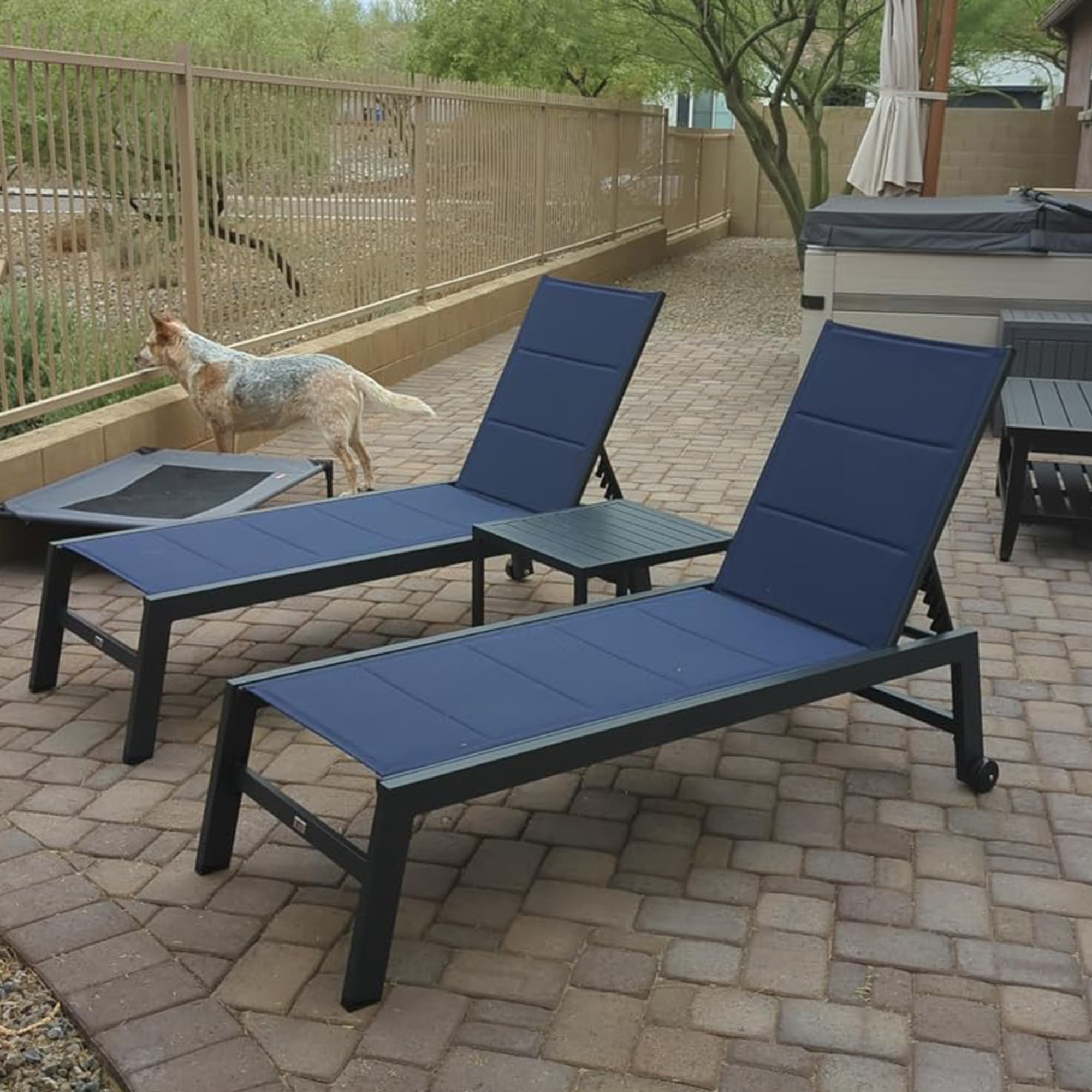 PURPLE LEAF Outdoor Chaise Lounge Set of 2 - Aluminum Patio Lounge Chairs with Wheels & Side Table - Navy Blue Poolside Furniture for Backyard, Garden, and Beach Relaxation