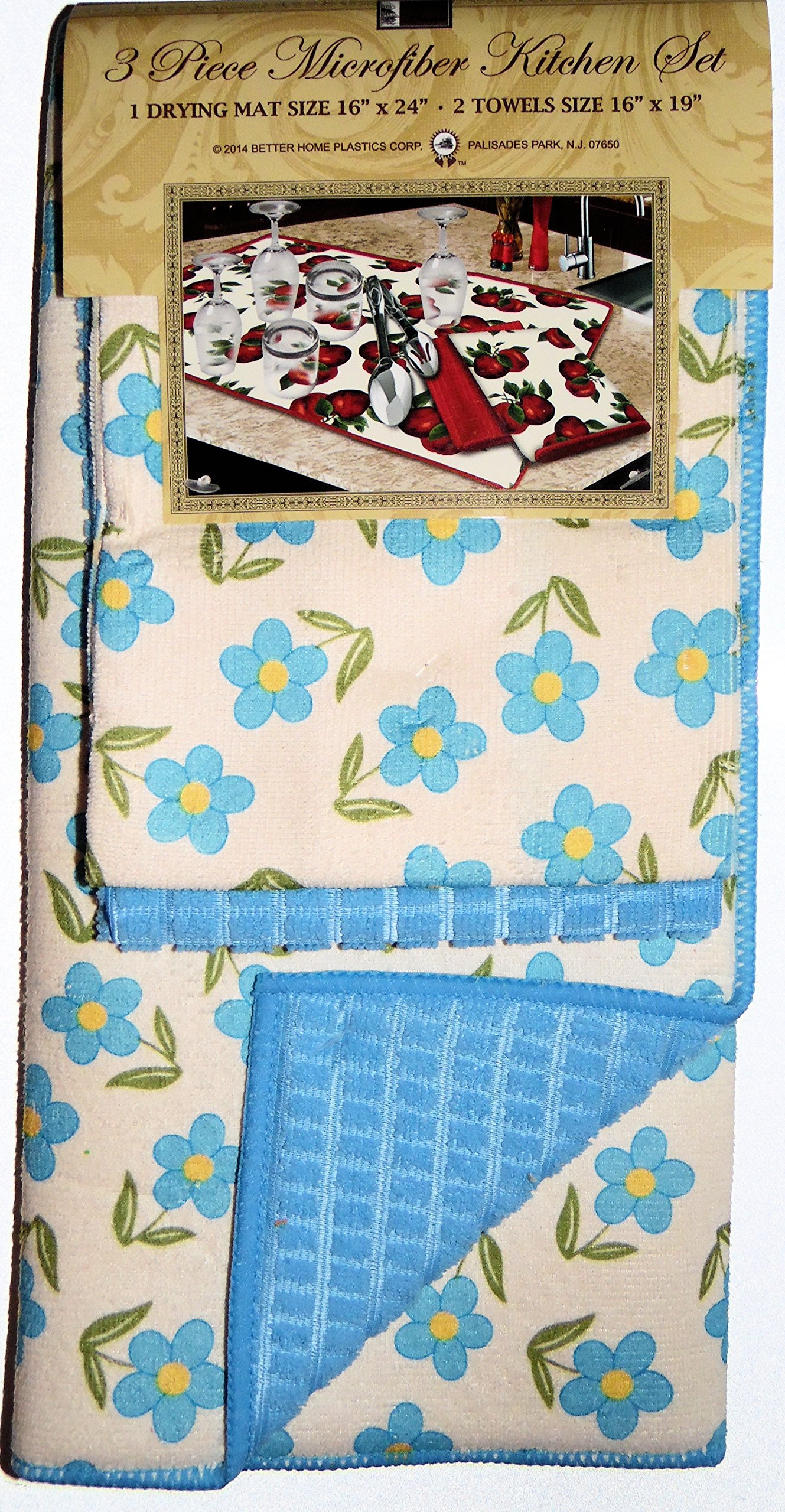 Colorful Printed Kitchen Linen Set - 3 Piece Microfiber Drying Mat & Towels Gift Set (Blue Floral Design) | Dish Drying, Counter Protection, Housewarming Gift