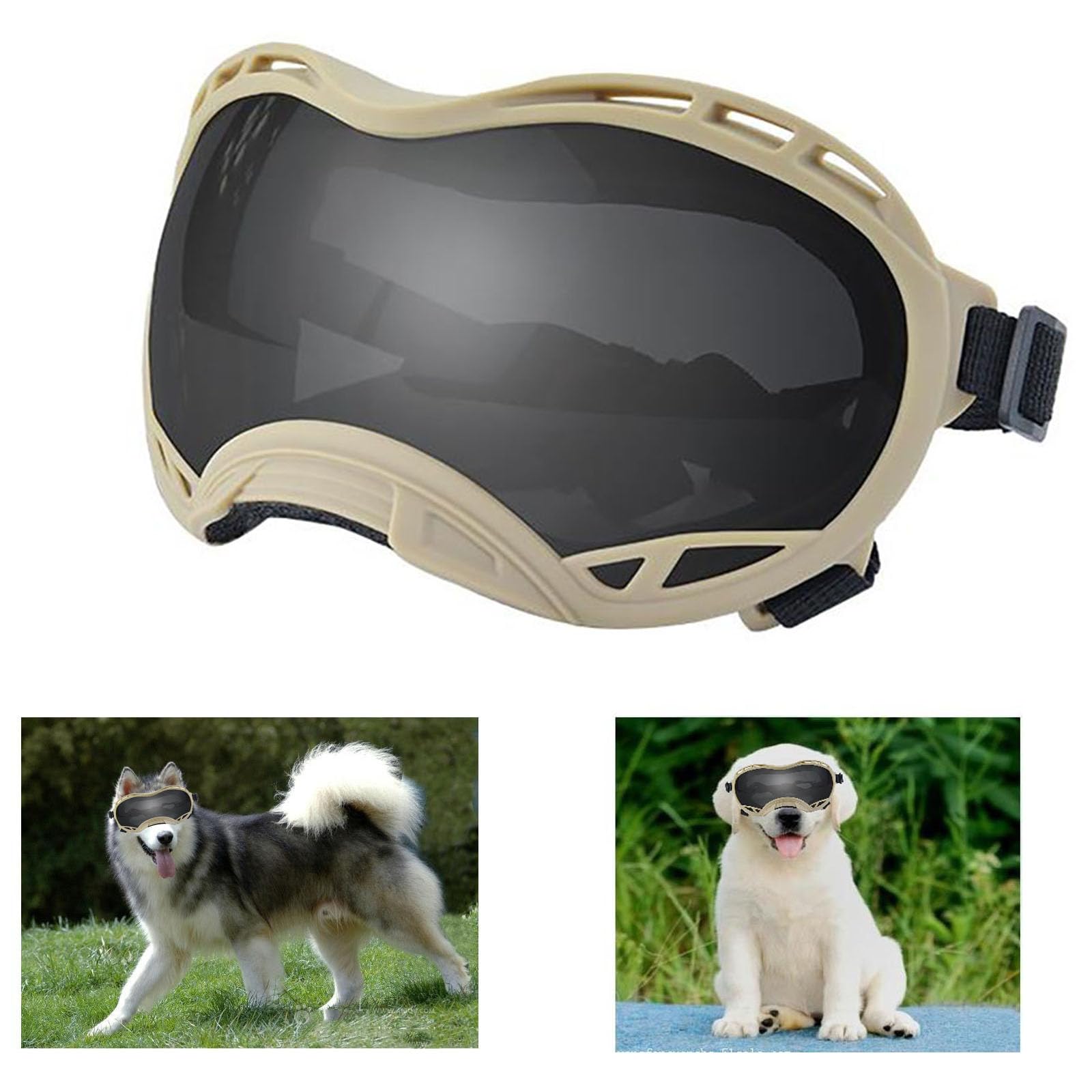 UV Protection Dog Goggles for Large Breeds - Windproof, Dustproof & Snowproof Sunglasses for Medium to Large Dogs - Perfect for Hiking, Skiing & Outdoor Adventures (Khaki Frame & Gray Lens, Large)