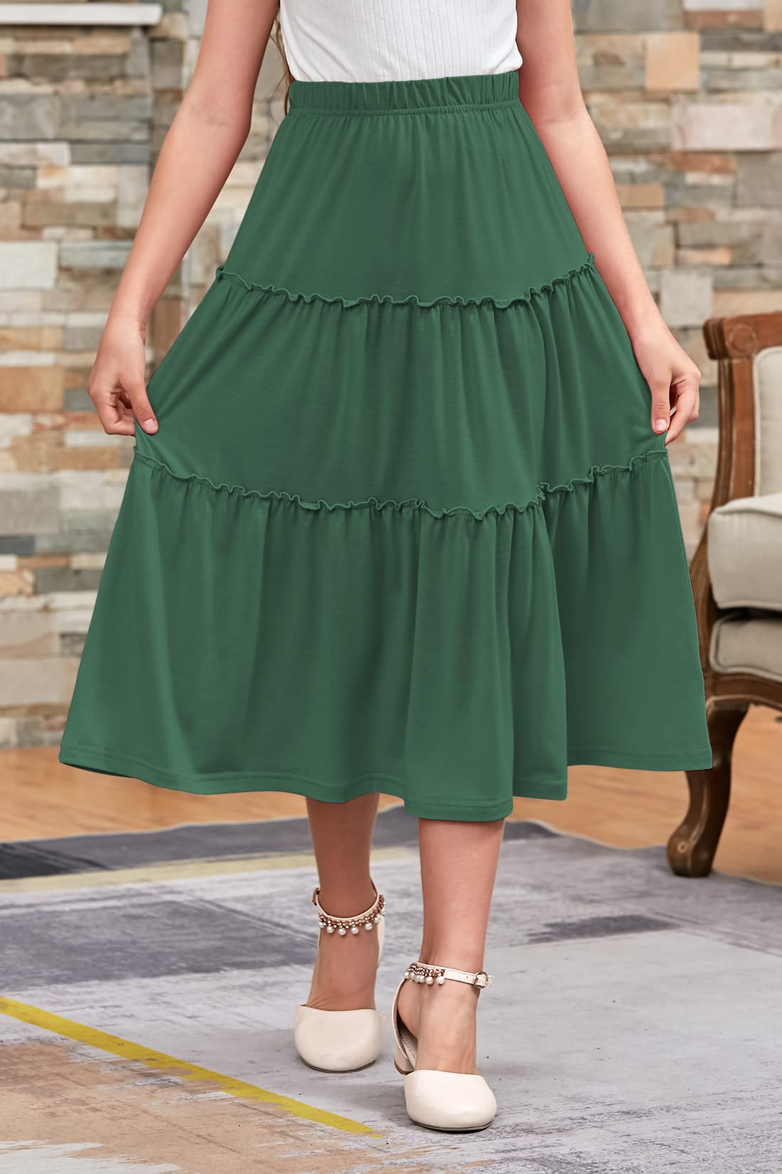GORLYA Girls Bohemian Casual Elastic High Waist Tiered Ruffle Hem Long Swing Maxi Skirt for Kids 4-14 Years - Perfect for Beach Vacations, Summer Outfits & Boho Fashion