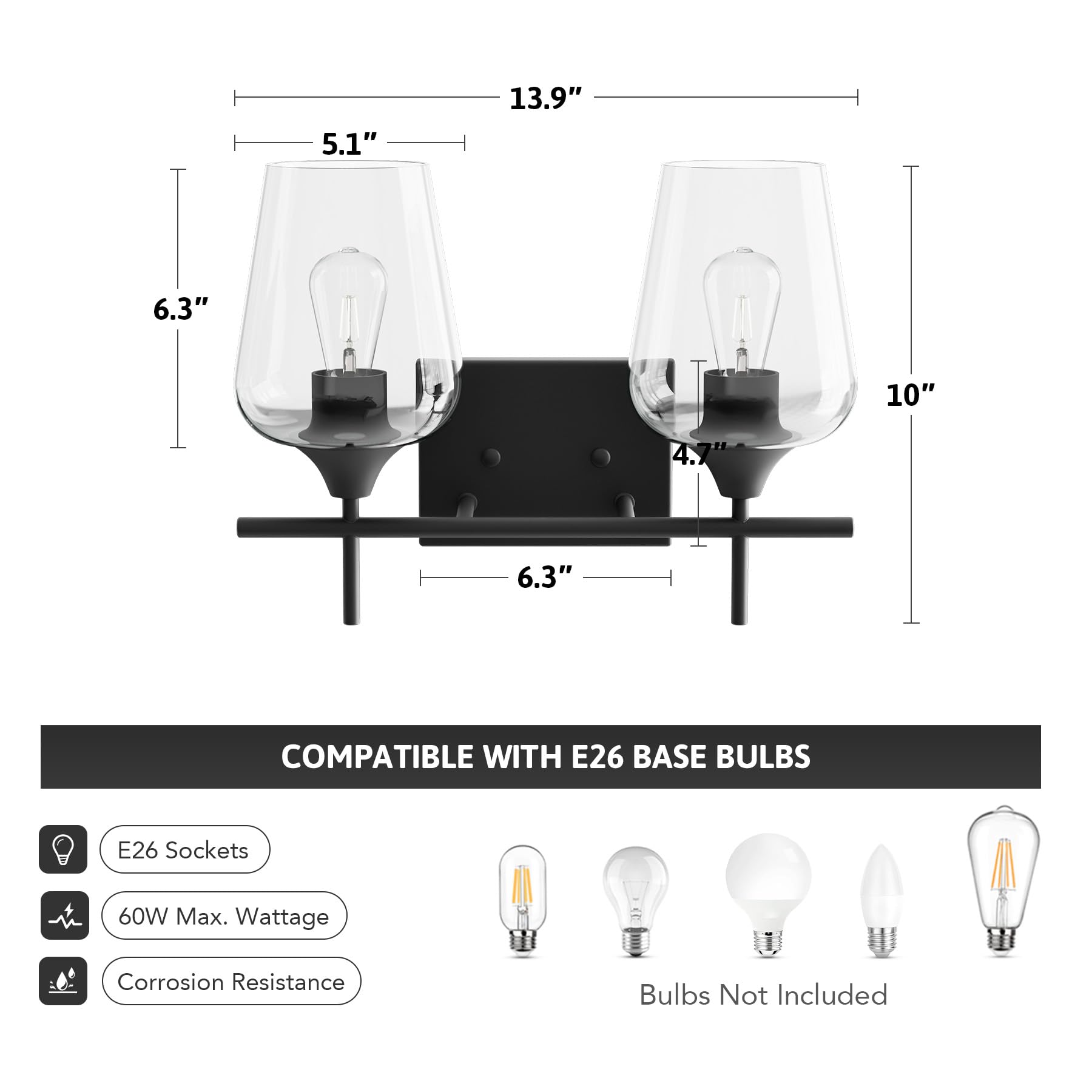 VONLUCE Modern Black Bathroom Vanity Light - 2 Light Fixture with Clear Glass for Mirror Lighting | Wall Sconce for Bathroom, Bedroom & Hallway | Perfect for Makeup Vanity, Dressing Room & Spa-Style Decor