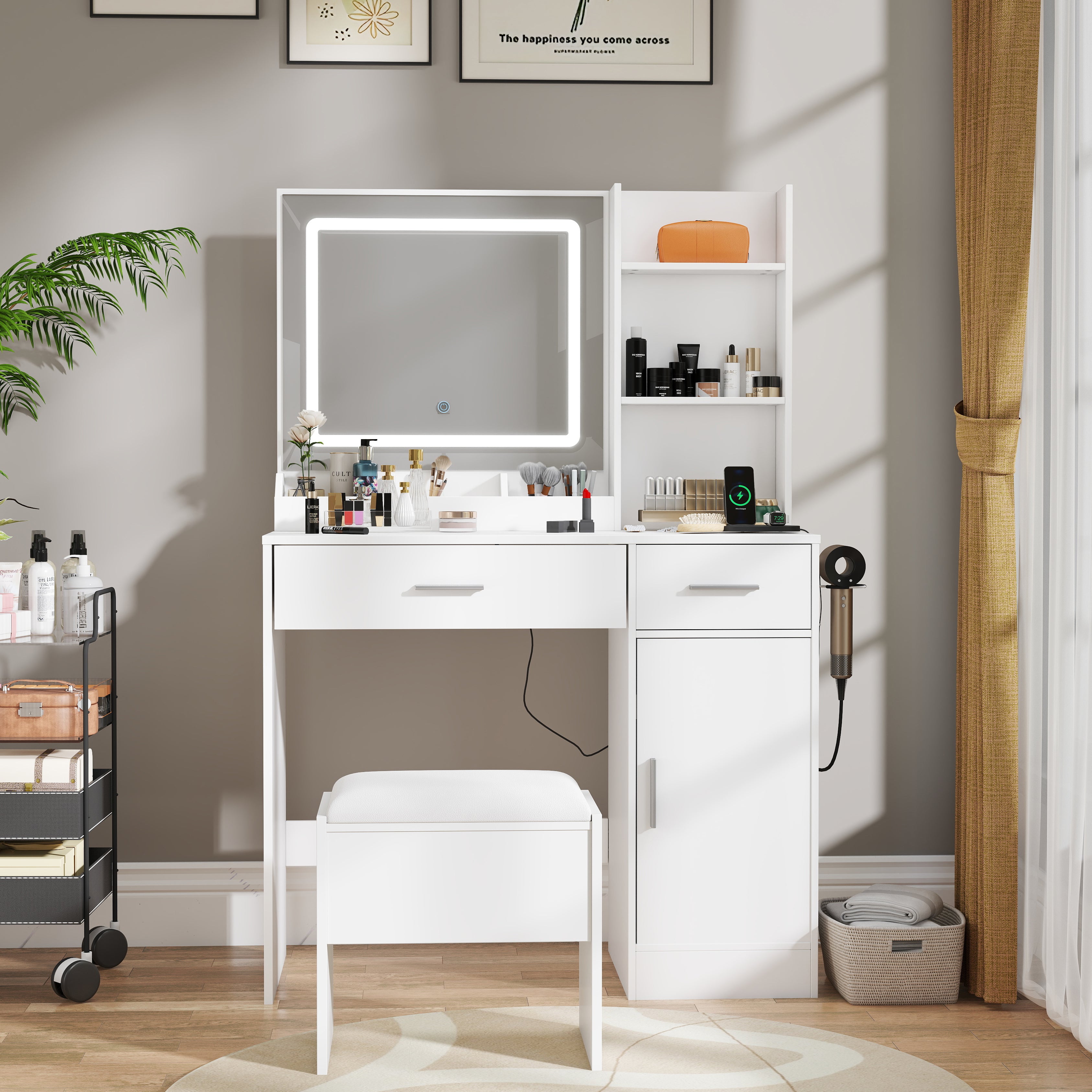 Roundhill Furniture Lavin Makeup Vanity Set with LED Light Mirror & Charging Station - White Vanity Desk & Stool for Bedroom, Dressing Room & Beauty Salon | Modern Makeup Table with Storage & USB Ports
