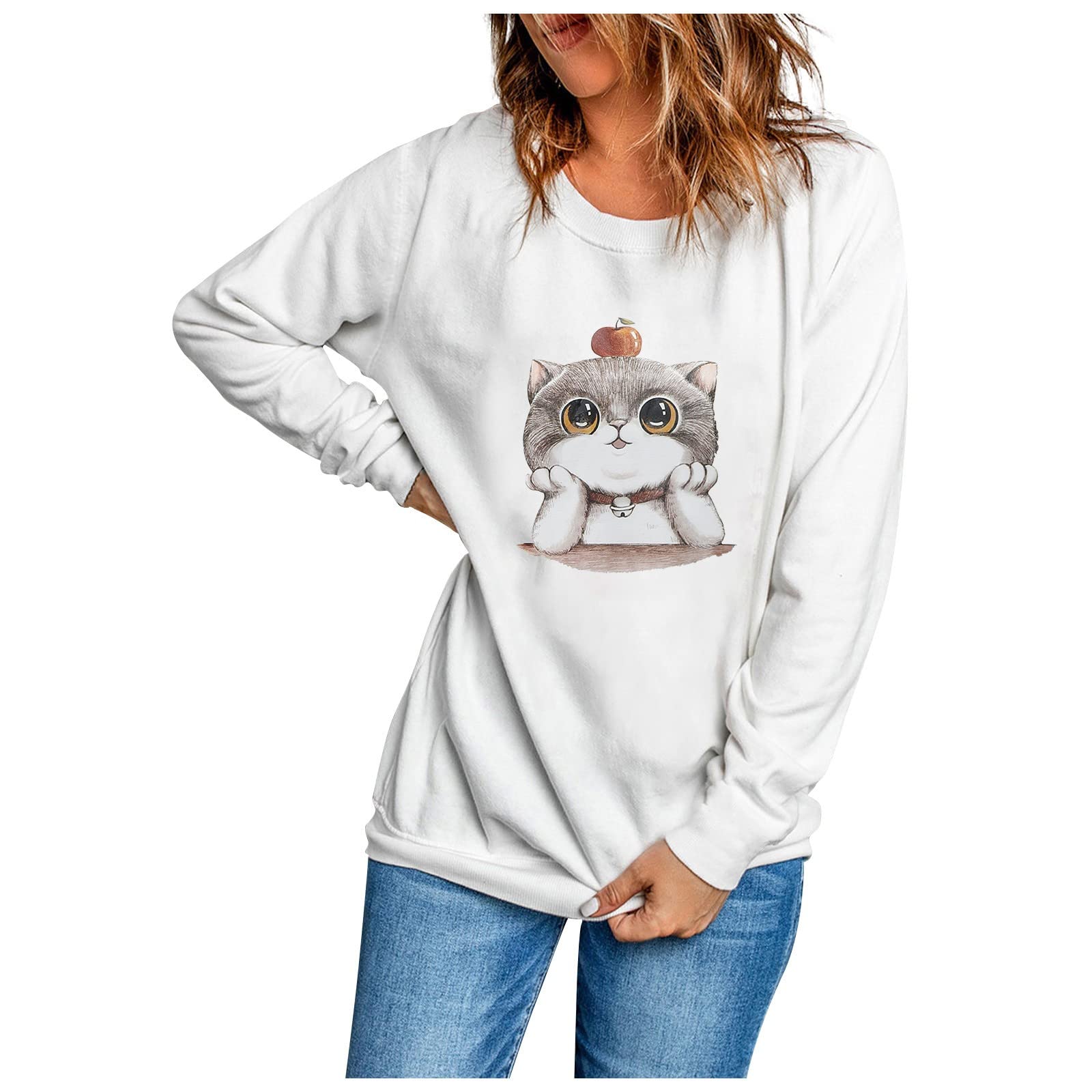 Women's Cute Animal Print Blouse - 2022 Spring Fashion Long Sleeve T-Shirt, Loose Fit Round Neck Solid Color Tee Top | Casual Wear, Office Outfit & Weekend Style