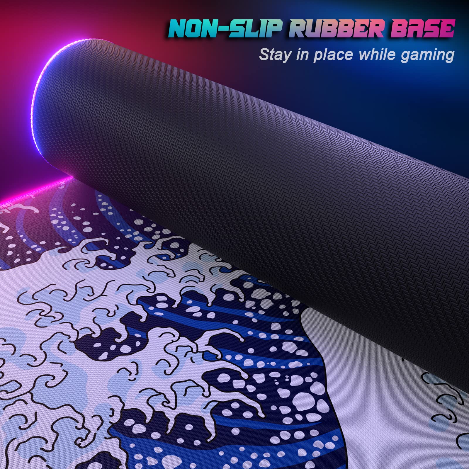 RGB Gaming Mouse Pad - Full Desk XL Extended Large LED Mousepad with 12 Lighting Modes | 30% Thicker Japanese Waves Design | 32 x 12 inches | Perfect for PC Gaming, Office Work & Home Computer Setup