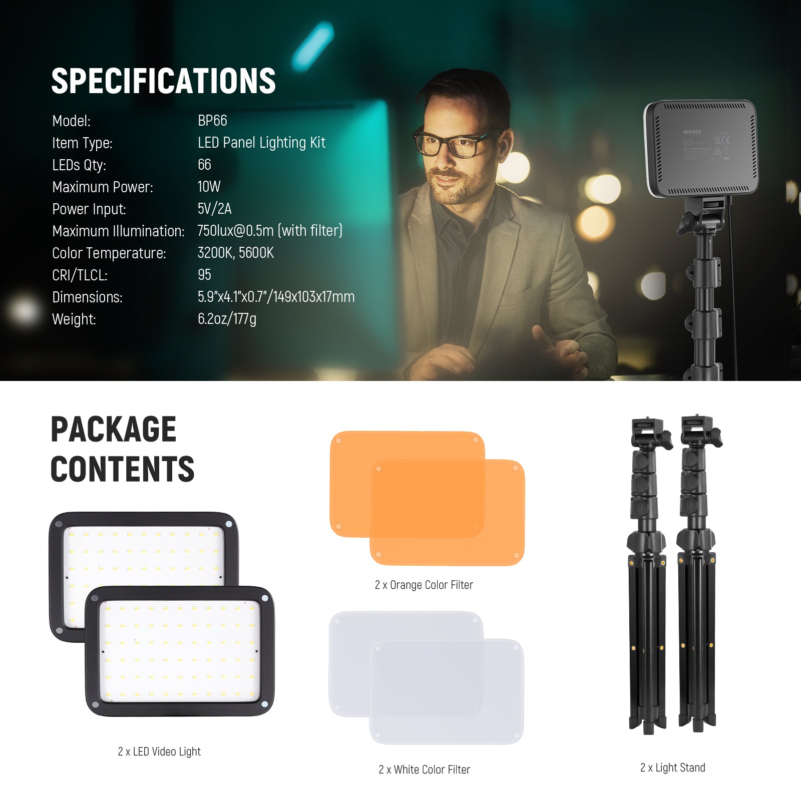 NEEWER BASICS BP66 2 Pack Bi-Color LED Video Light Panel Kit - 3200K-5600K Adjustable, CRI≥95 for YouTube, TikTok, Photography & Studio Lighting