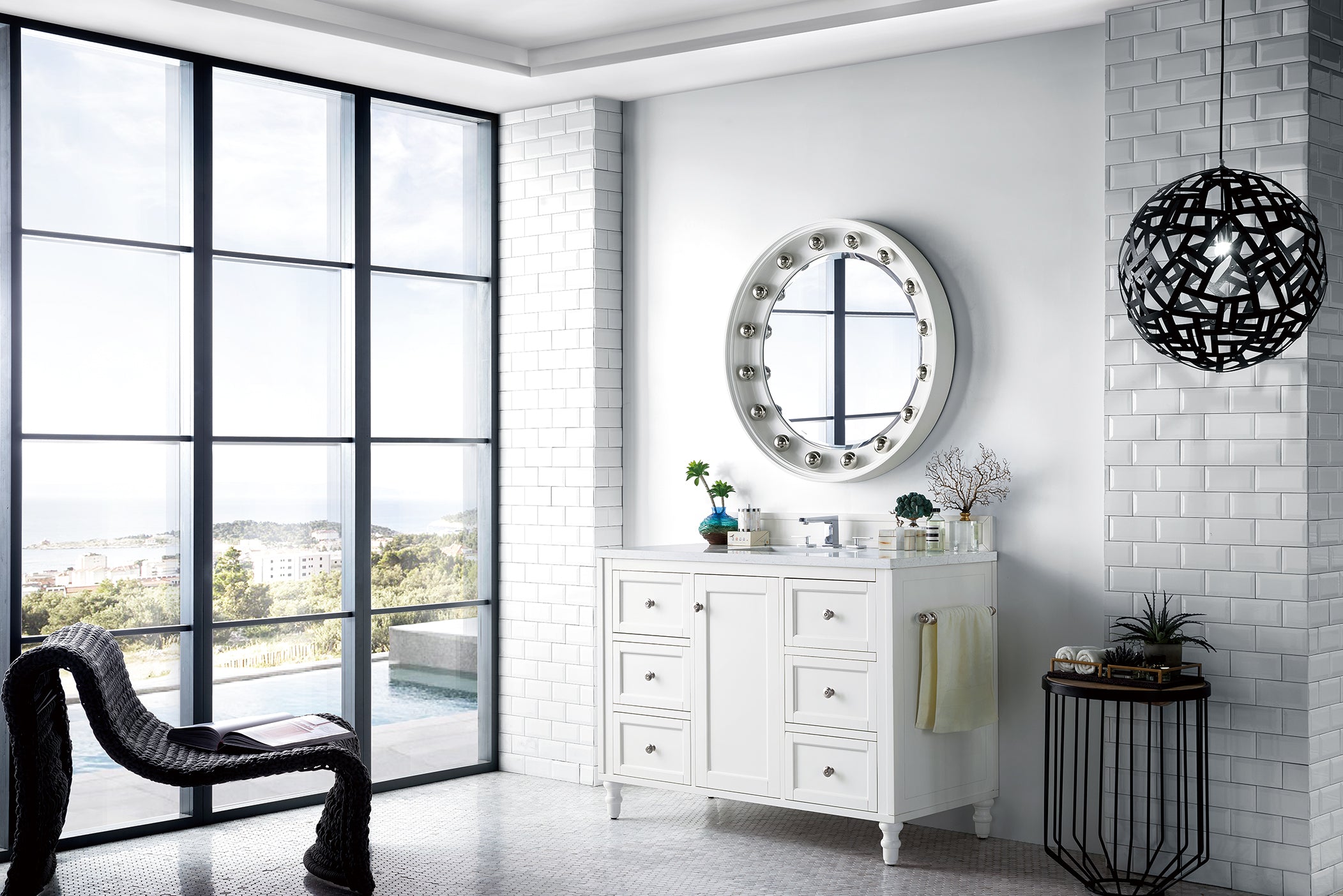 Copper Cove Encore 48 Inch Single Bathroom Vanity Set with Eternal Jasmine Pearl Quartz Top - Bright White Finish - Perfect for Modern Master Bathrooms and Powder Rooms