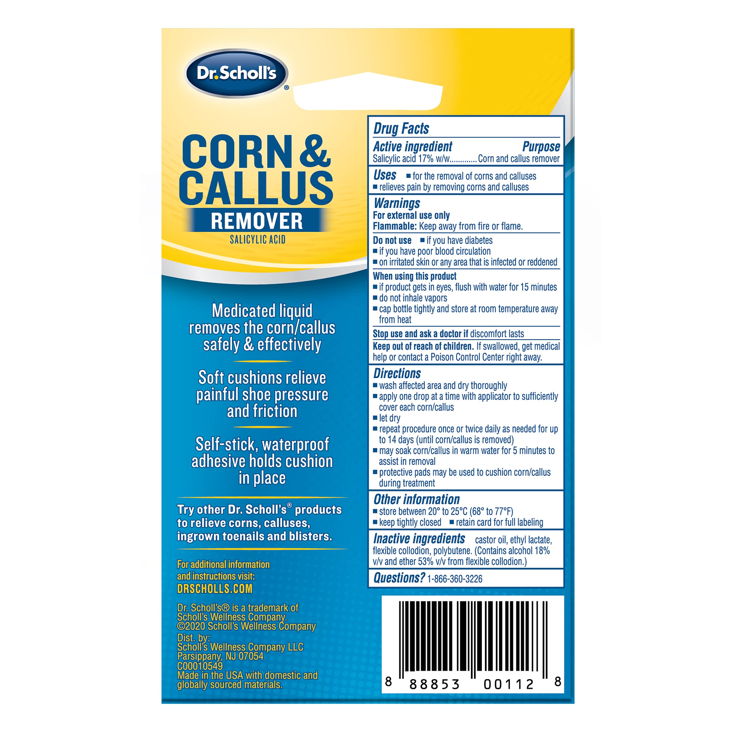 Dr. Scholl's Liquid Corn & Callus Remover, 0.33 oz – Fast-Acting Foot Treatment for Corns & Calluses with Protective Cushions | Relieves Pain from Shoe Pressure & Friction – Ideal for Daily Use, Walking, Running & High-Heel Wearers