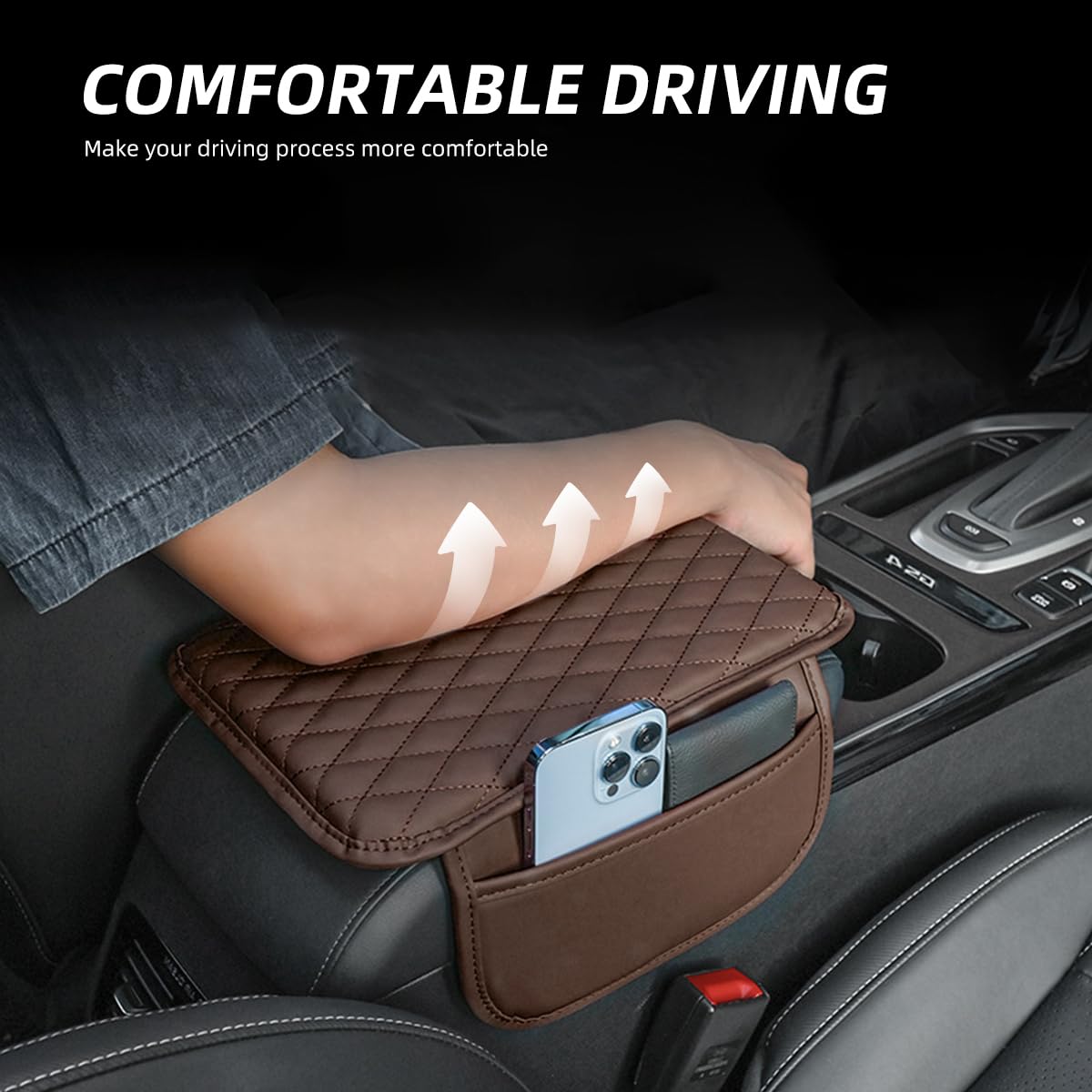 Upgraded Universal Car Center Console Cover with Side Pockets - Microfiber Leather Armrest Pad Cushion Protector (Brown) | Perfect for Long Drives & Road Trips | Car Interior Accessories Organizer