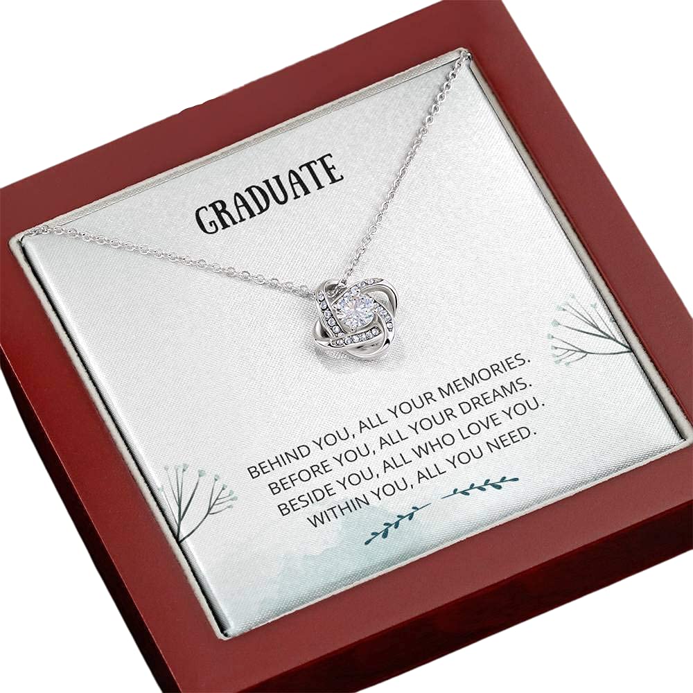 Tek Weh Graduate Love Knot Necklace - Elegant Jewelry Gift for Graduation, Senior Year, Daughter & Her - Perfect Present with Card for 2021 Grads & Congratulations - Great for Commencement Ceremonies & Graduation Parties