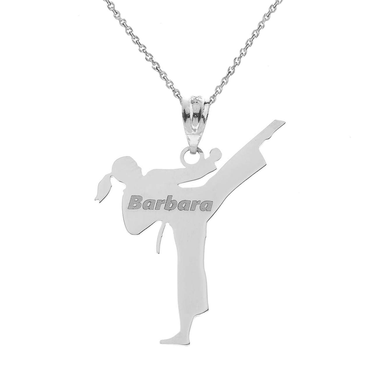 14k White Gold Personalized Name Necklace for Girls - Karate & Martial Arts Sports Charm Pendant Jewelry Gift | Perfect for Training, Competitions & Everyday Wear
