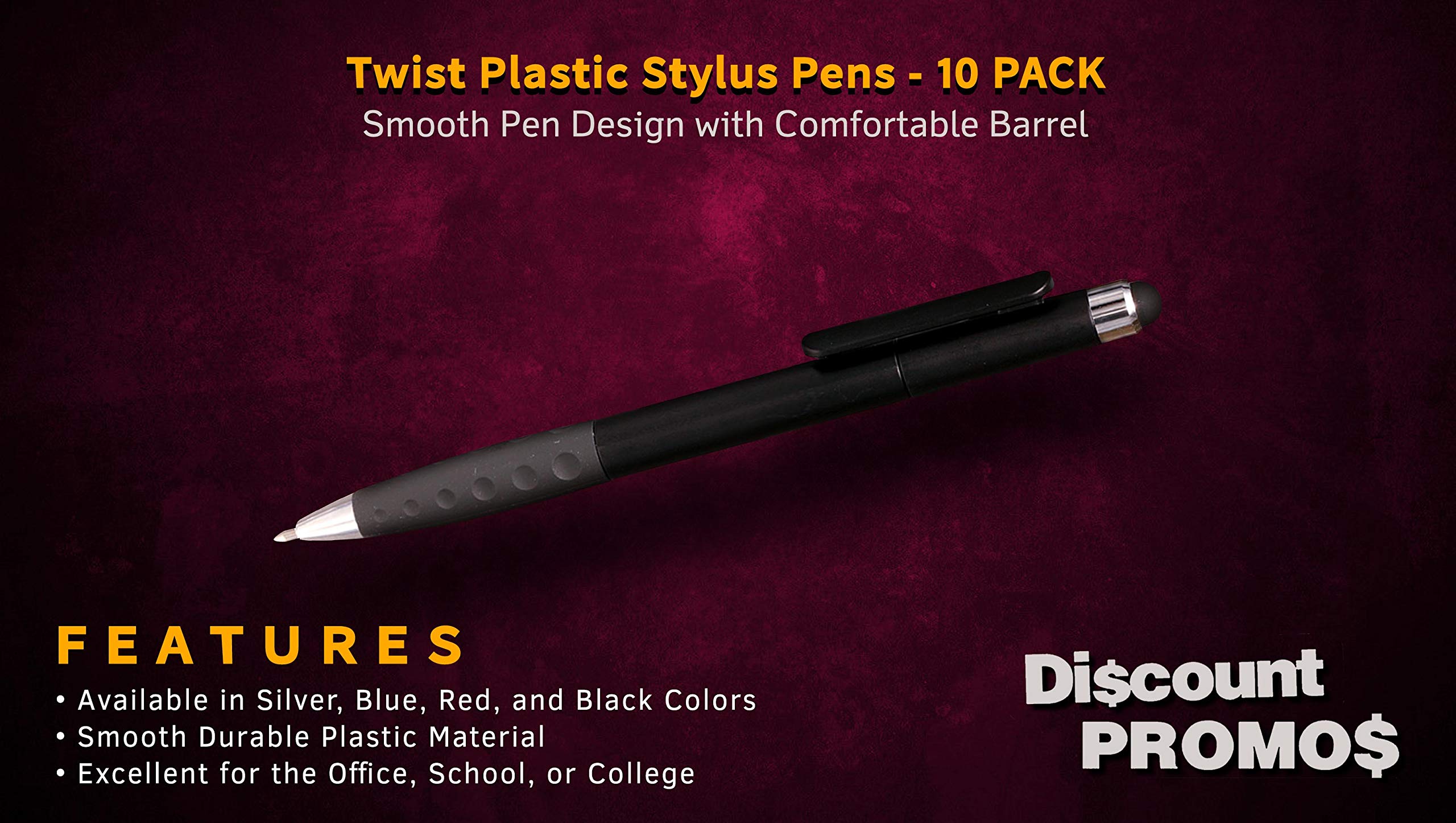 10-Pack Twist Plastic Stylus Pens with Ballpoint Tip & Rubber Grip - Black - Perfect for Touchscreens, Tablets, Smartphones & Digital Signatures