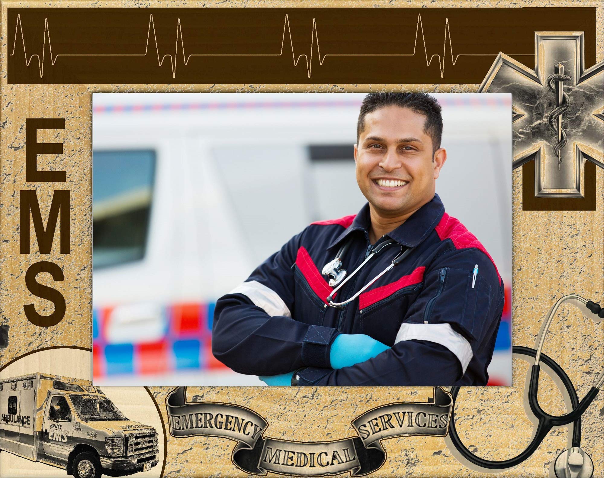 Personalized EMS Laser Engraved Wood Picture Frame (5x7 inches) - Custom Name/Date Engraving for Wedding, Anniversary & Family Photos - Perfect for Home Decor, Gifts & Office Display