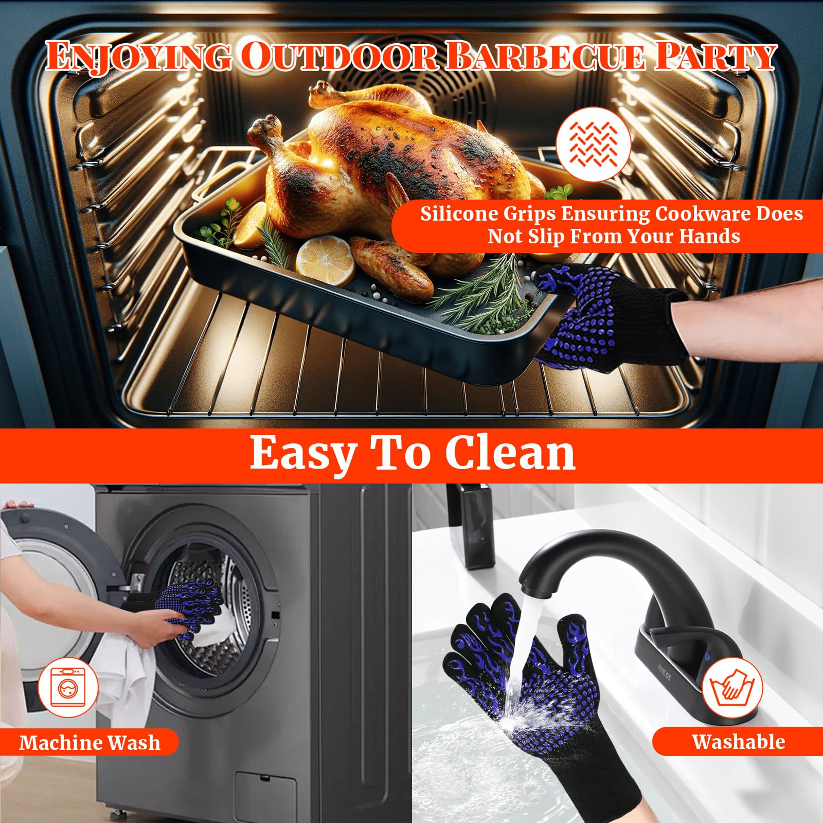 1472°F Heat Resistant BBQ Gloves - Silicone Palm Non-Slip Grilling Gloves for Blackstone Griddle, Smoker, Oven & Baking | Perfect for Barbecue Cooking, Meat Handling & Outdoor Grilling