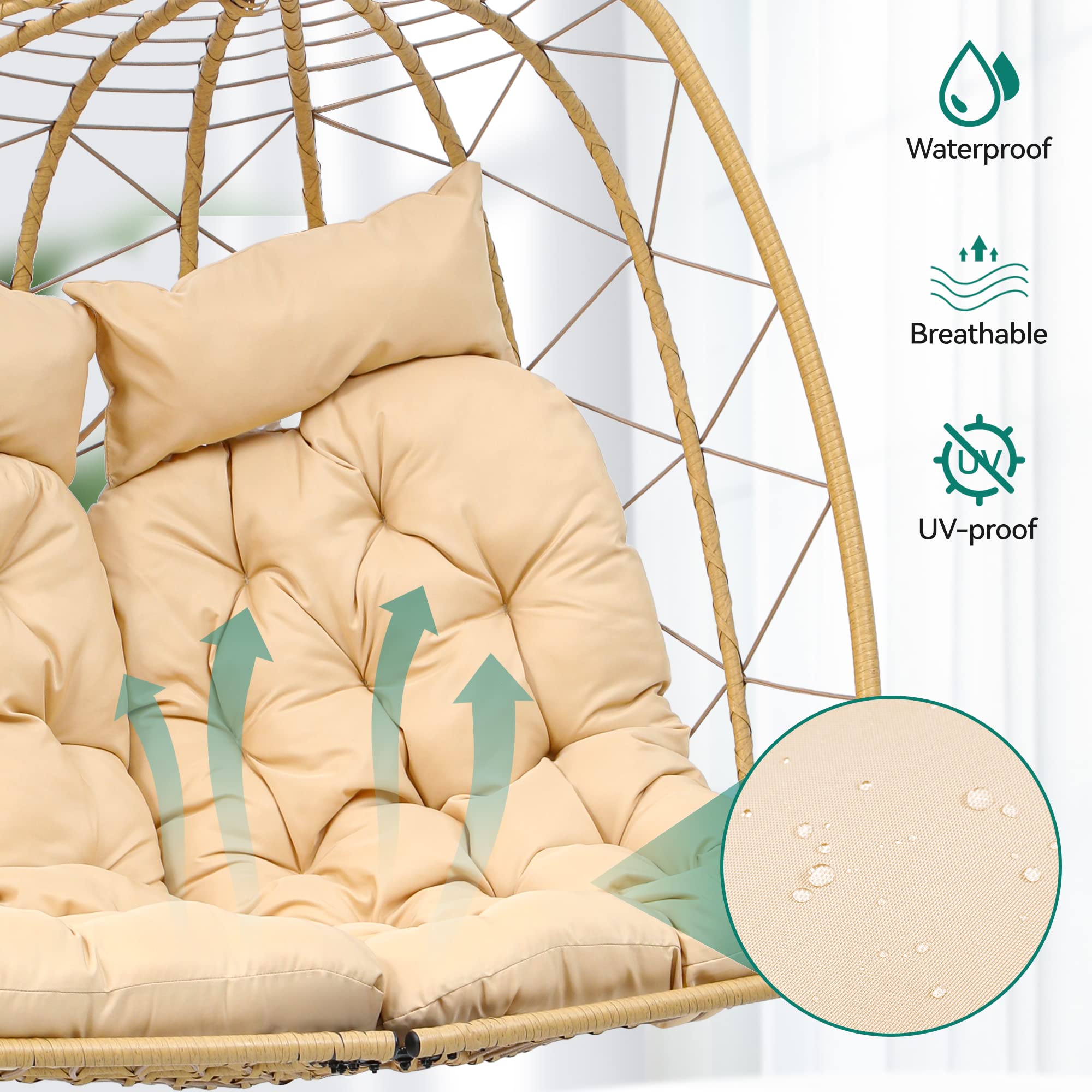YITAHOME 2-Person Hanging Egg Chair Swing with Stand - 500lbs Capacity Wicker Hammock Chair for Outdoor & Indoor Use - Includes Cushions - Perfect for Patio, Garden, Bedroom, Balcony - Beige - Relaxation & Boho Home Decor