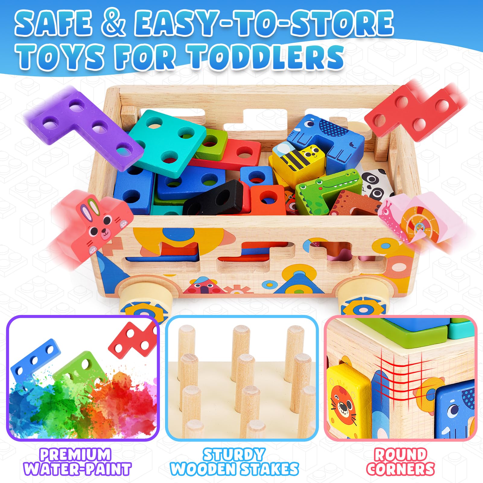 Montessori Wooden Building Blocks for Toddlers 2-3 Years Old - Educational Shape Sorting & Stacking Toys with Animal Designs - Perfect Christmas & Birthday Gifts for Boys & Girls - Ideal for Early Learning, Preschool Activities & Sensory Play