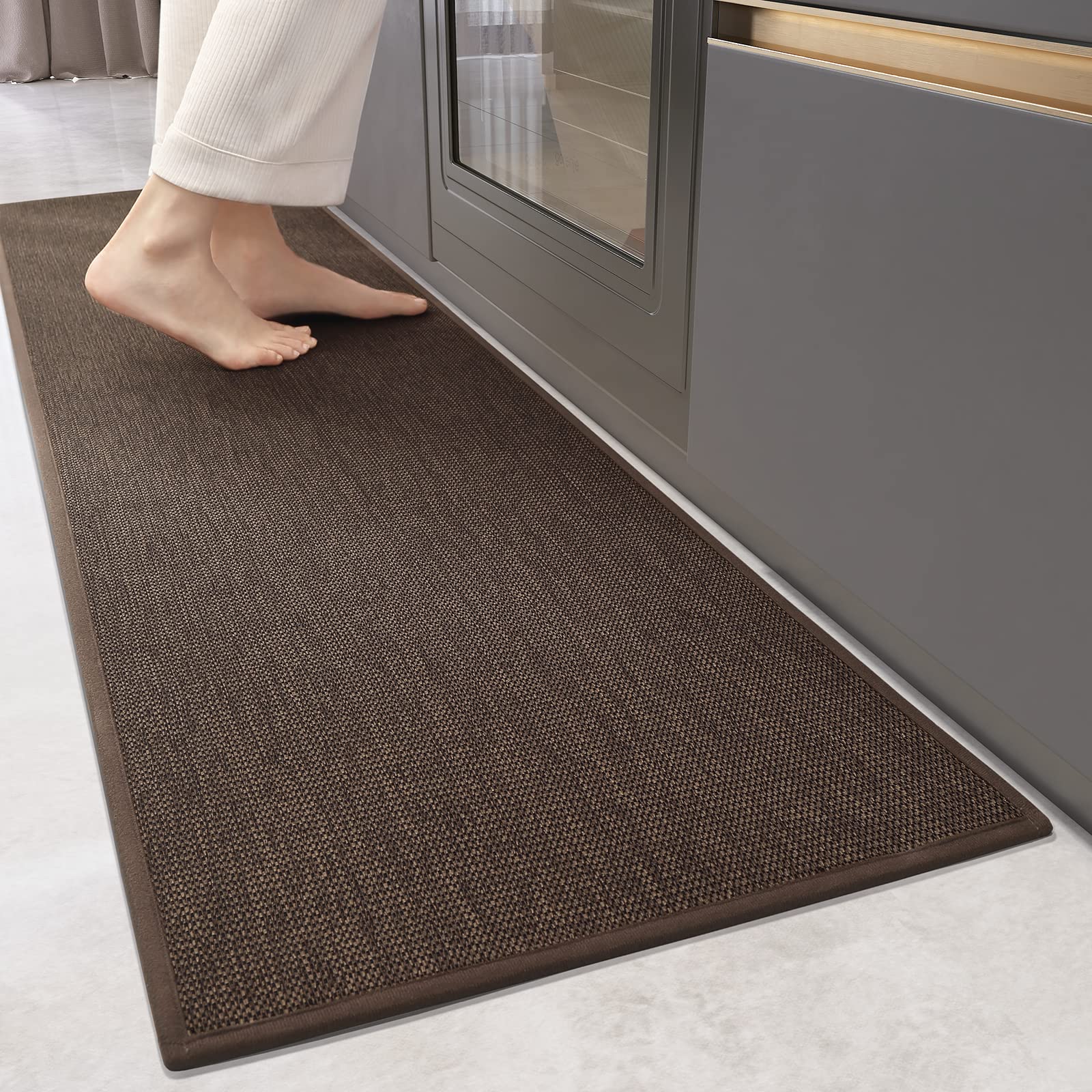 Non-Slip Washable Kitchen Rugs & Mats - Absorbent Woven Runner for Sink, Laundry, Hallway - Easy Clean Floor Mats, 17”x47”, Brown - Perfect for Kitchen, Bathroom, and Entryway
