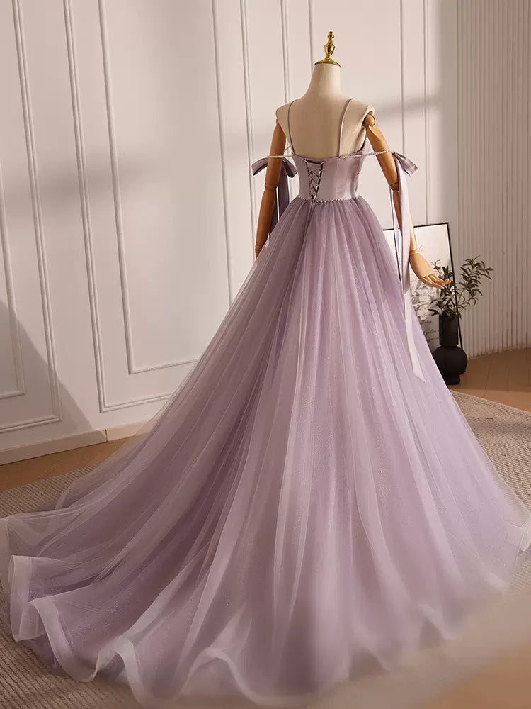 Elegant Purple A-Line V-Neck Tulle Beaded Long Prom Dress for Formal Events & Evening Parties | Perfect for Homecoming, Weddings & Special Occasions
