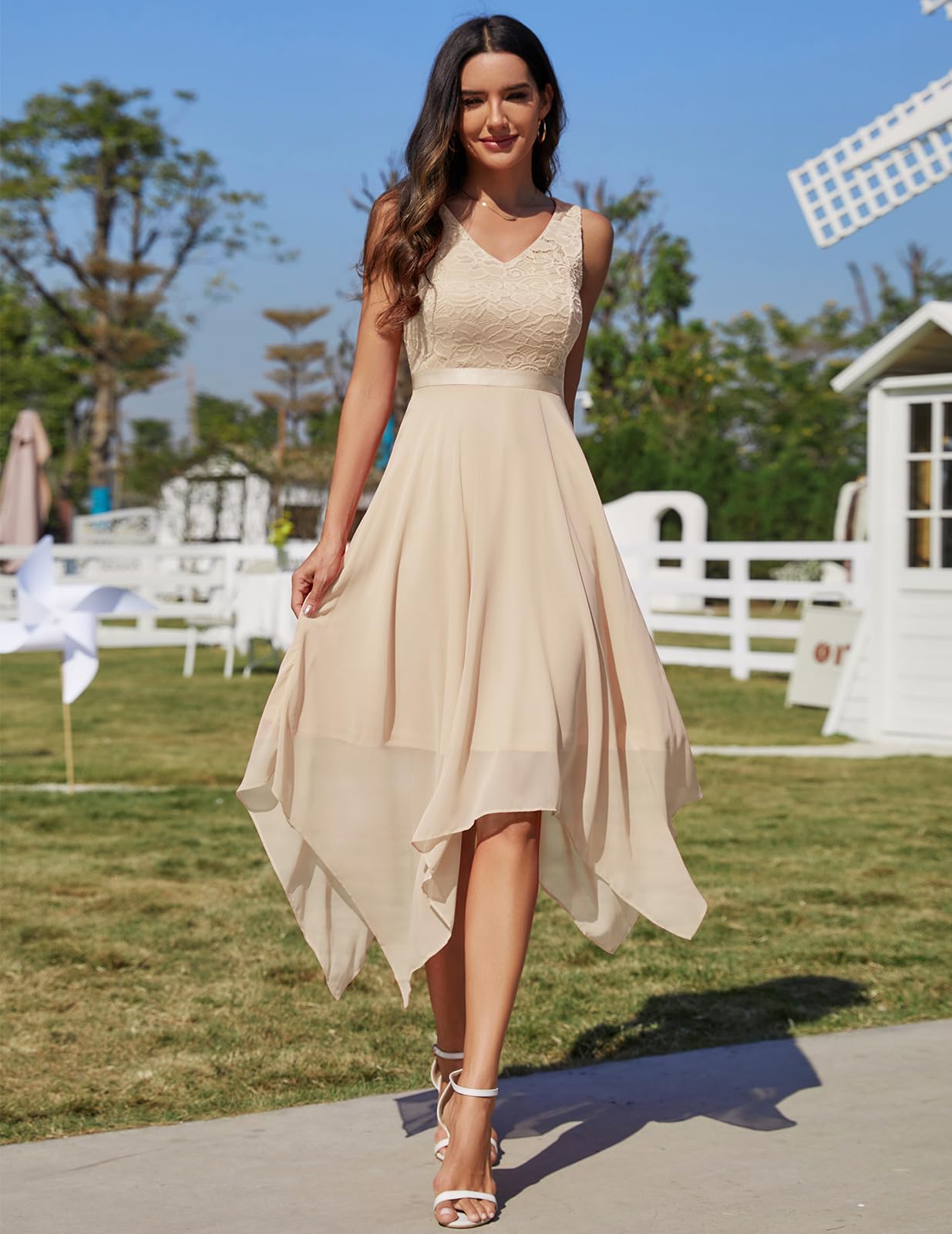Meetjen Women's Elegant Lace Cocktail Party Dress 2025 | Handkerchief Hem Bridesmaid & Prom Formal Gown | Wedding Guest Dress for Evening Events, Cocktail Parties & Special Occasions