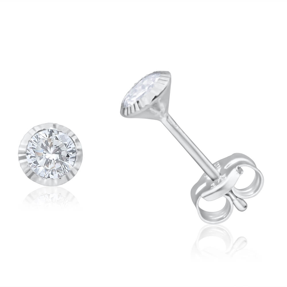9ct White Gold 4mm Cubic Zirconia Dicut Bezel Set Stud Earrings for Women - Elegant Everyday Jewelry & Special Occasion Gift