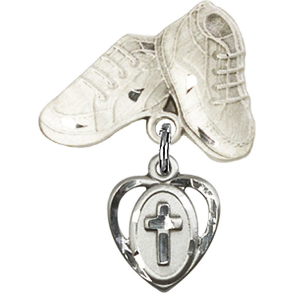 925 Sterling Silver Baby Badge with Cross Charm & Baby Boots Pin - 7/8