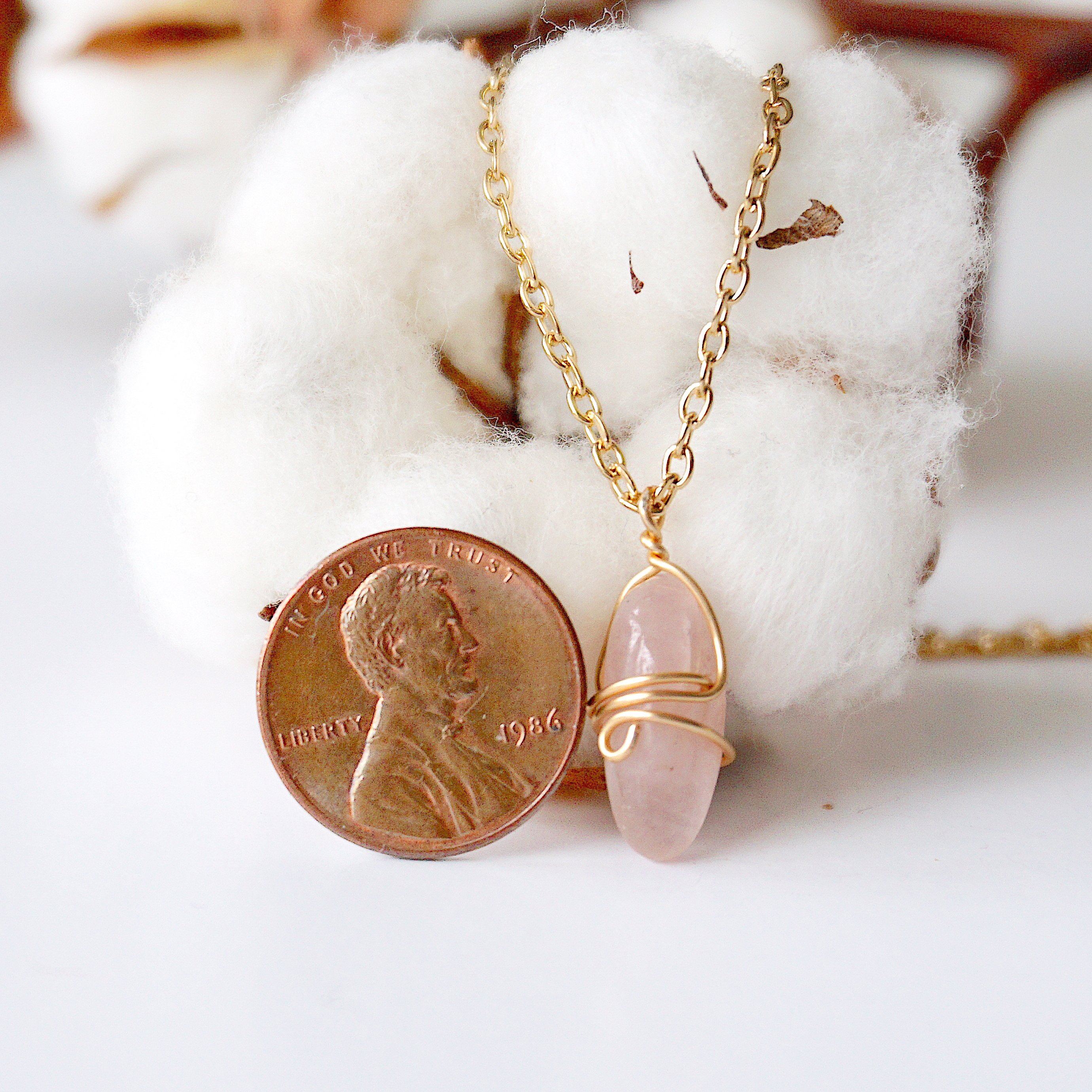 Rose Quartz Necklace - Gold Plated Brass Wrapped Charm Necklace for Women, Healing Crystal Jewelry Gift for Her - Perfect for Meditation, Yoga & Spiritual Wellness