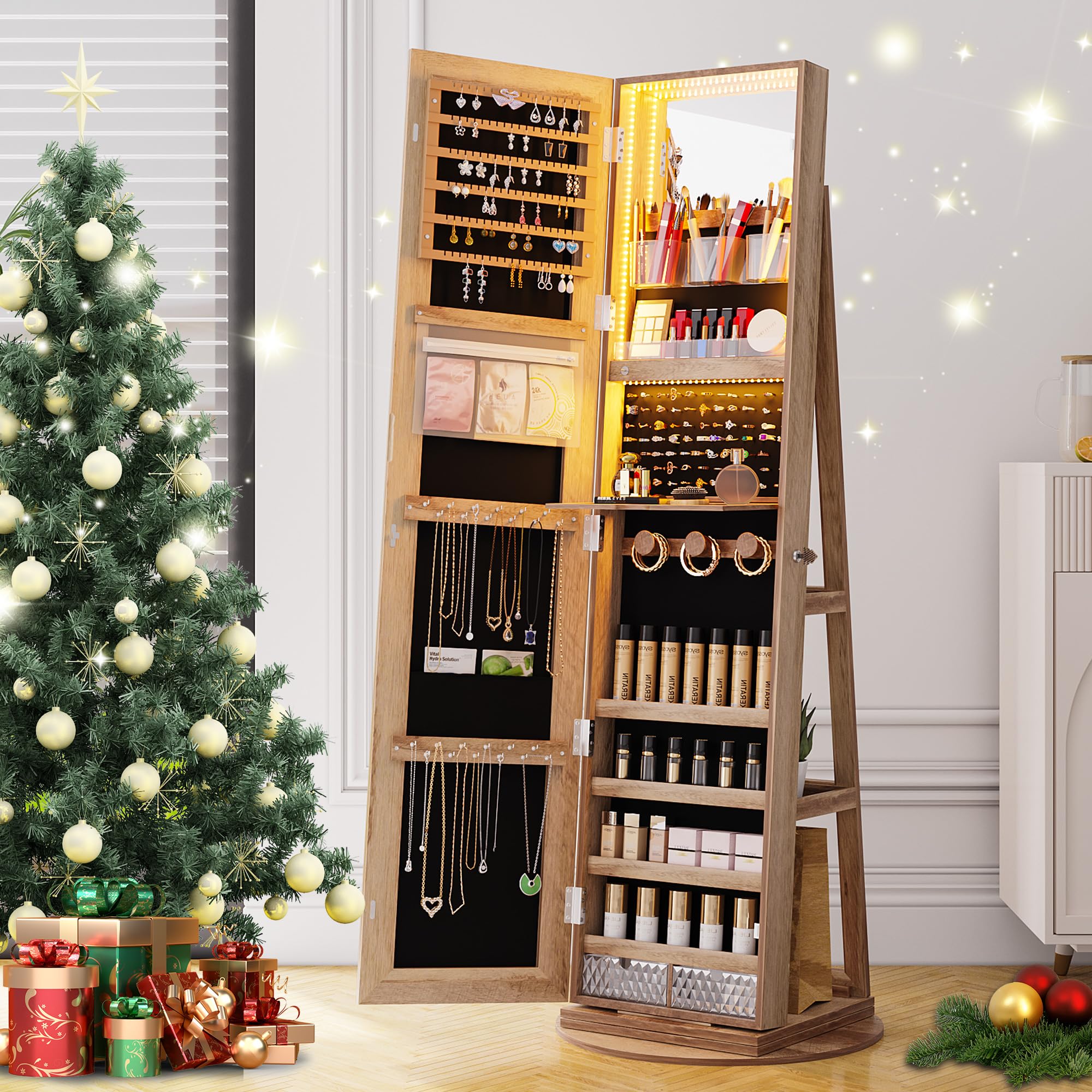 360° Swivel Jewelry Cabinet with LED Lights - Standing Jewelry Armoire Organizer with Full Length Mirror & Lockable Storage | Wooden Jewelry Box for Bedroom, Closet & Dressing Room Organization