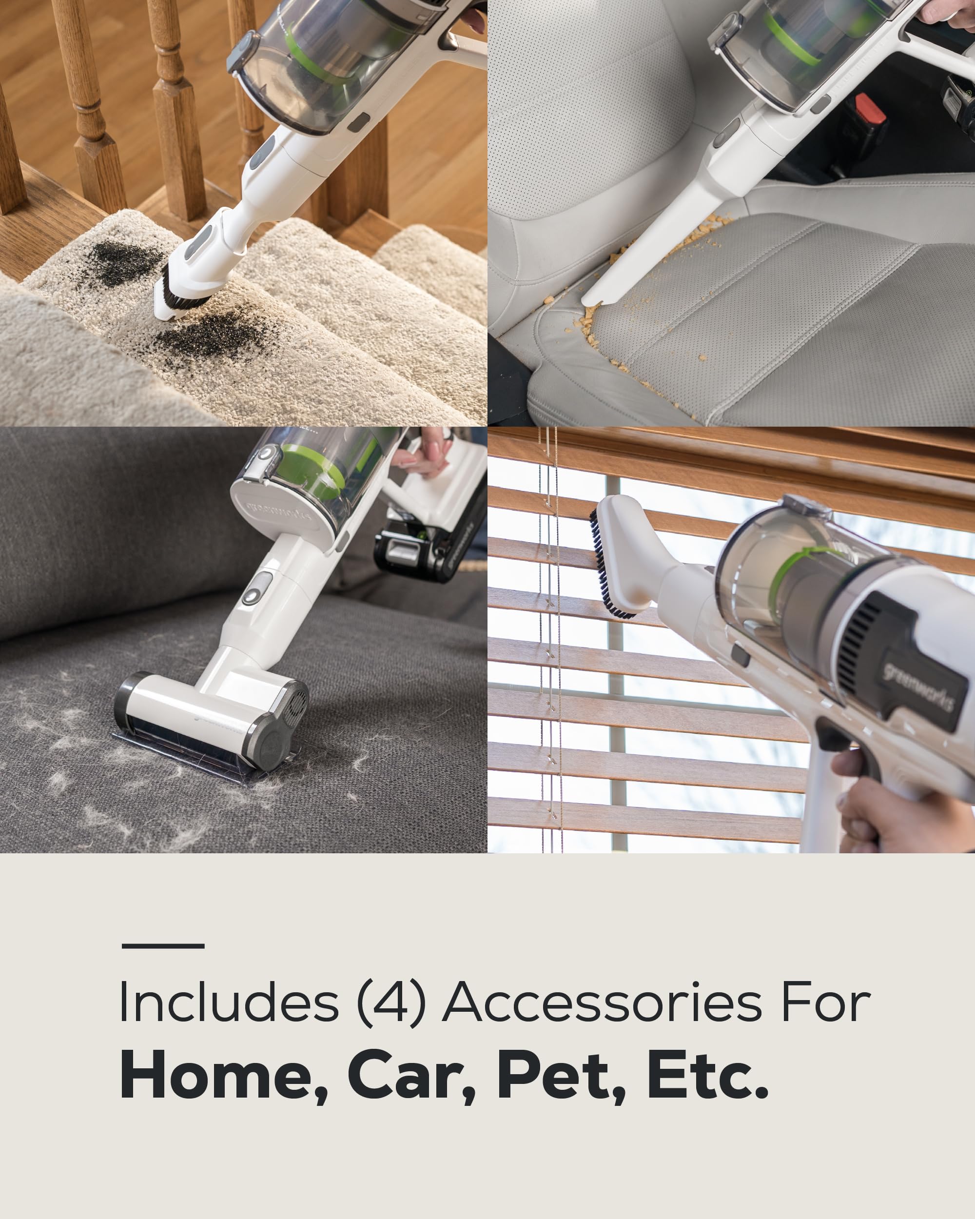 Greenworks 24V Cordless Stick Vacuum Cleaner - Lightweight Handheld Vacuum for Pet Hair, Hard Floors & Carpets - HEPA Filtration System, 4Ah Battery with 30-Min Charge - Perfect for Home, Car & Allergy Sufferers (White)