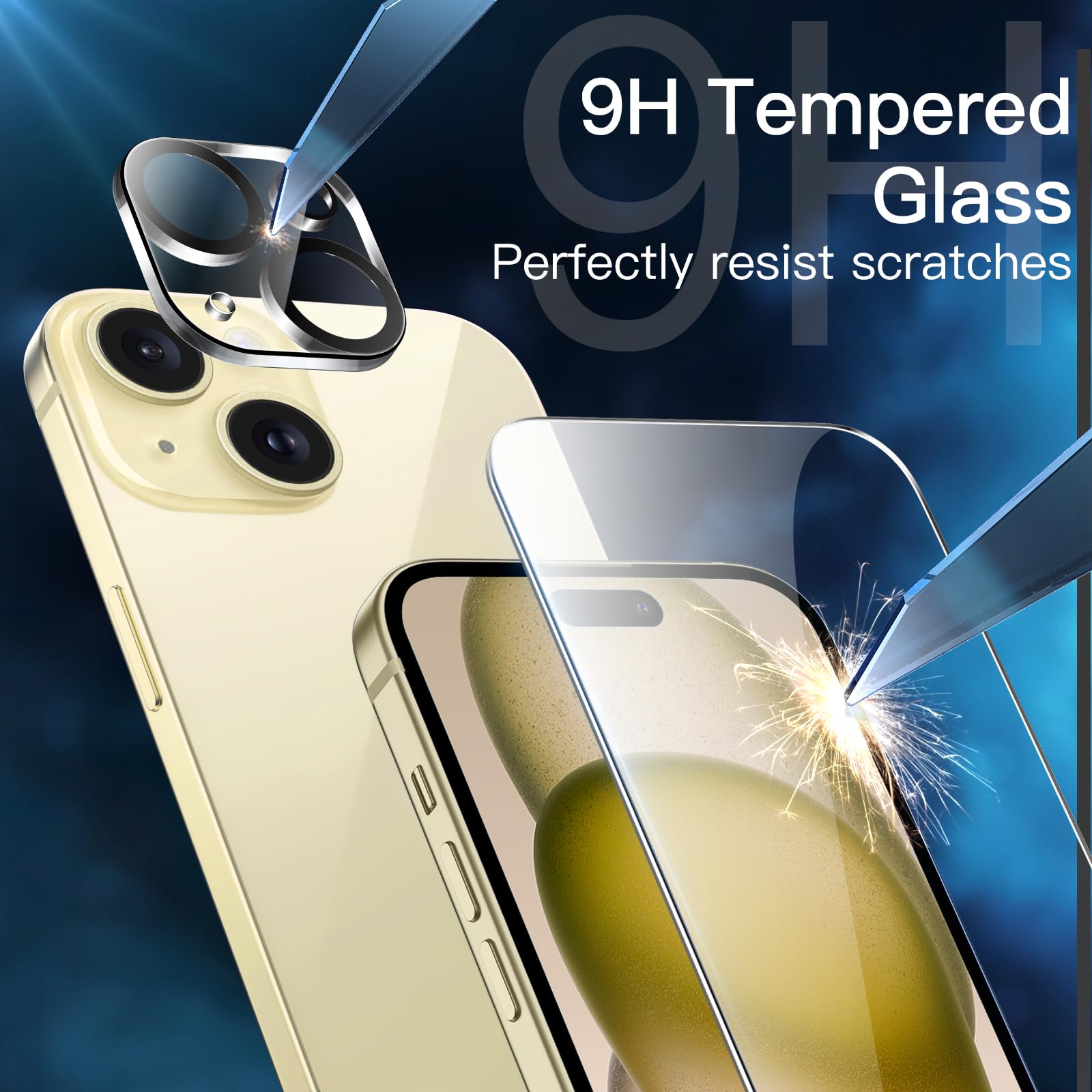 JETech 5-in-1 Matte Shockproof Case for iPhone 15 (6.1-Inch) with 2-Pack Tempered Glass Screen Protectors & Camera Lens Protector - Translucent Yellow Back Cover | Perfect for Outdoor Activities, Work & Daily Protection