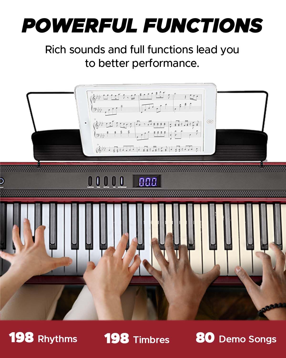 Starfavor 88 Key Digital Piano - Semi-Weighted Keyboard with Bluetooth, Stand, Pedal & Carrying Bag - Perfect for Beginners, Home Practice & Live Performances (Red)