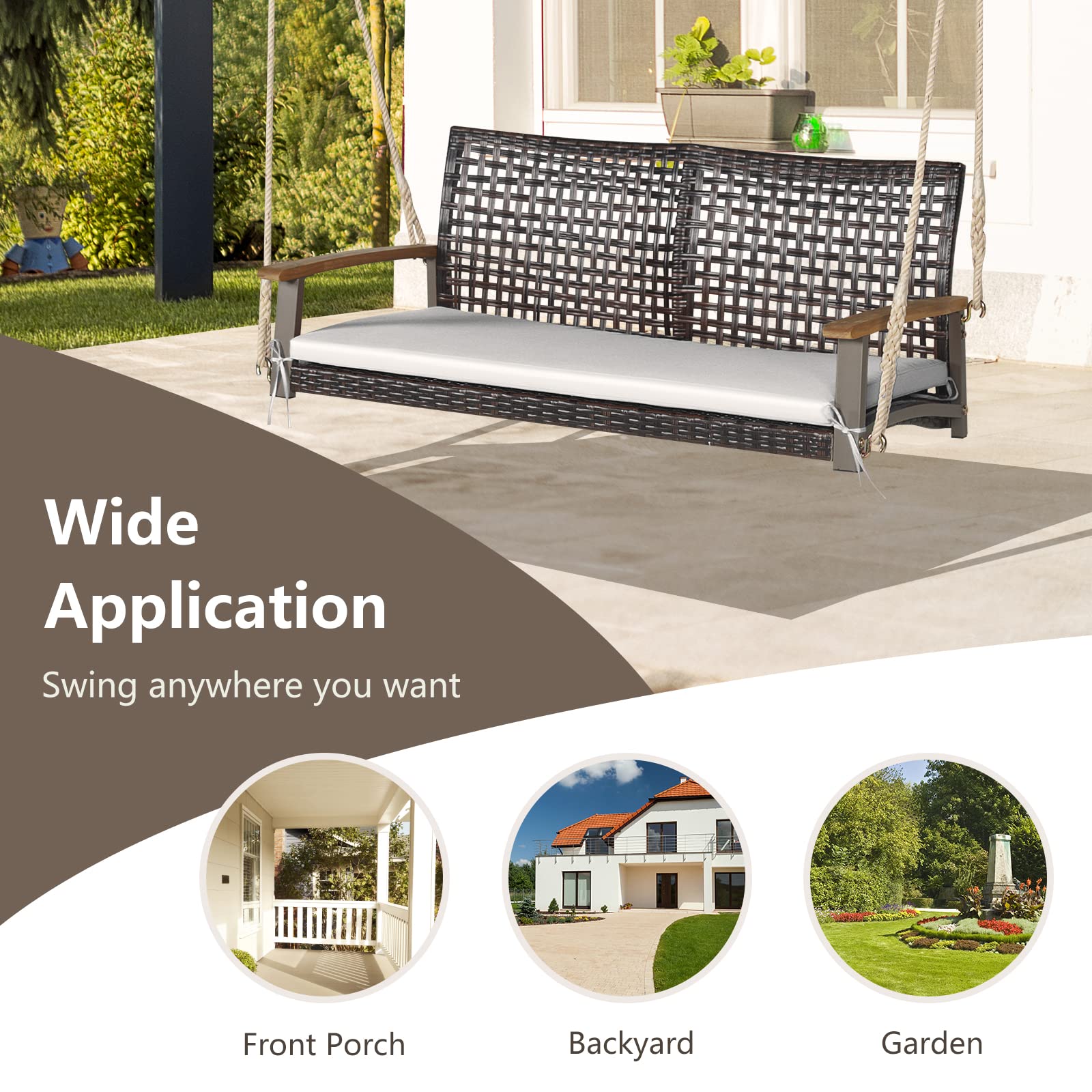 Tangkula 2-Person PE Wicker Porch Swing Bench - Outdoor Hanging Chair with Soft Cushion & Heavy-Duty Chains (118