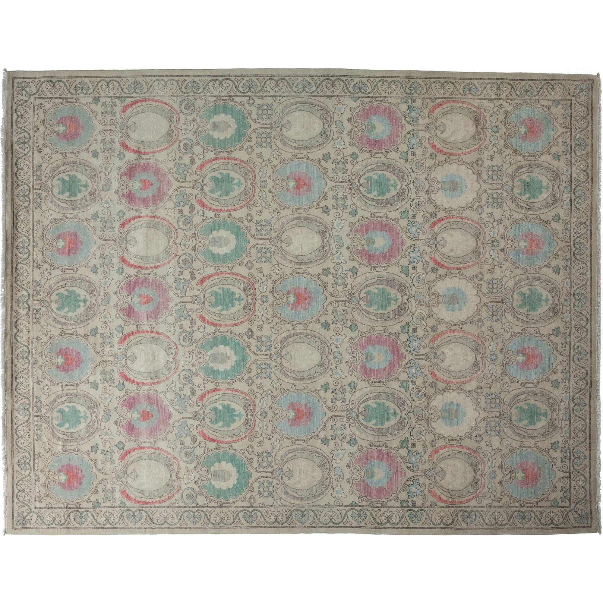 Handmade Suzani Lyon Ivory & Blue Hand-Knotted Wool Area Rug 9'x12' - Bohemian Vintage Persian Style Living Room Rug for Bedroom, Dining Room & Home Decor