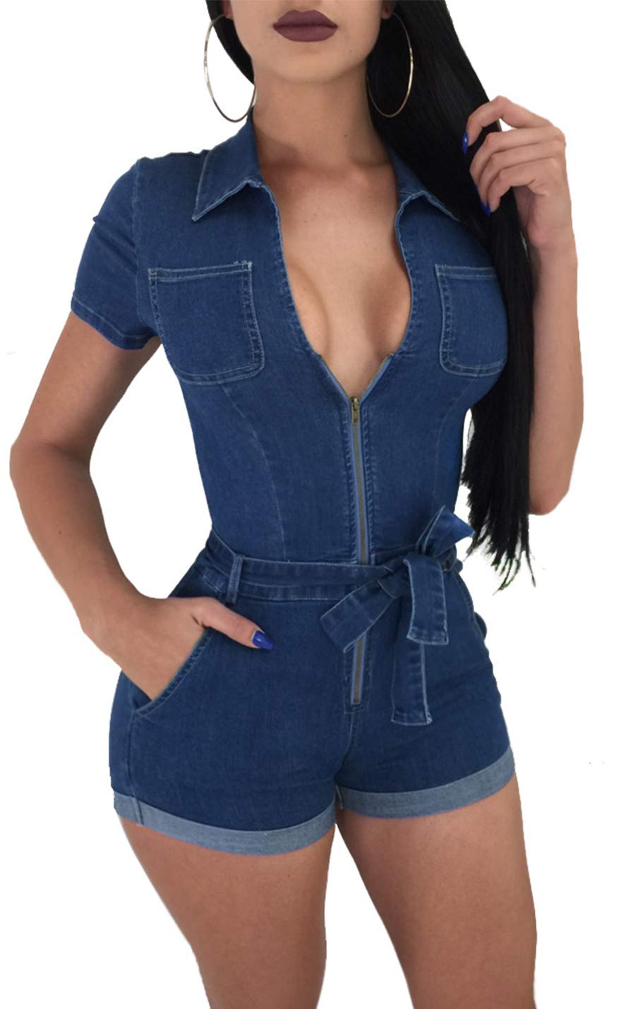 Sexy Deep V Neck Denim Jumpsuit for Women - Slim Fit Jean Short Romper - Perfect for Summer Outings, Beach Vacations & Night Parties