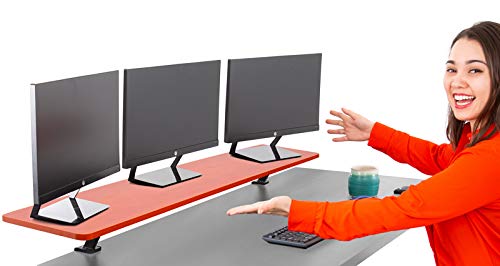 55 Inch Clamp On Monitor Stand with Shelf - Heavy Duty Ergonomic Desk Riser for 3 Monitors, Extra Storage Space - No Screw Installation, Cherry Finish - Perfect for Home Office & Gaming Setup